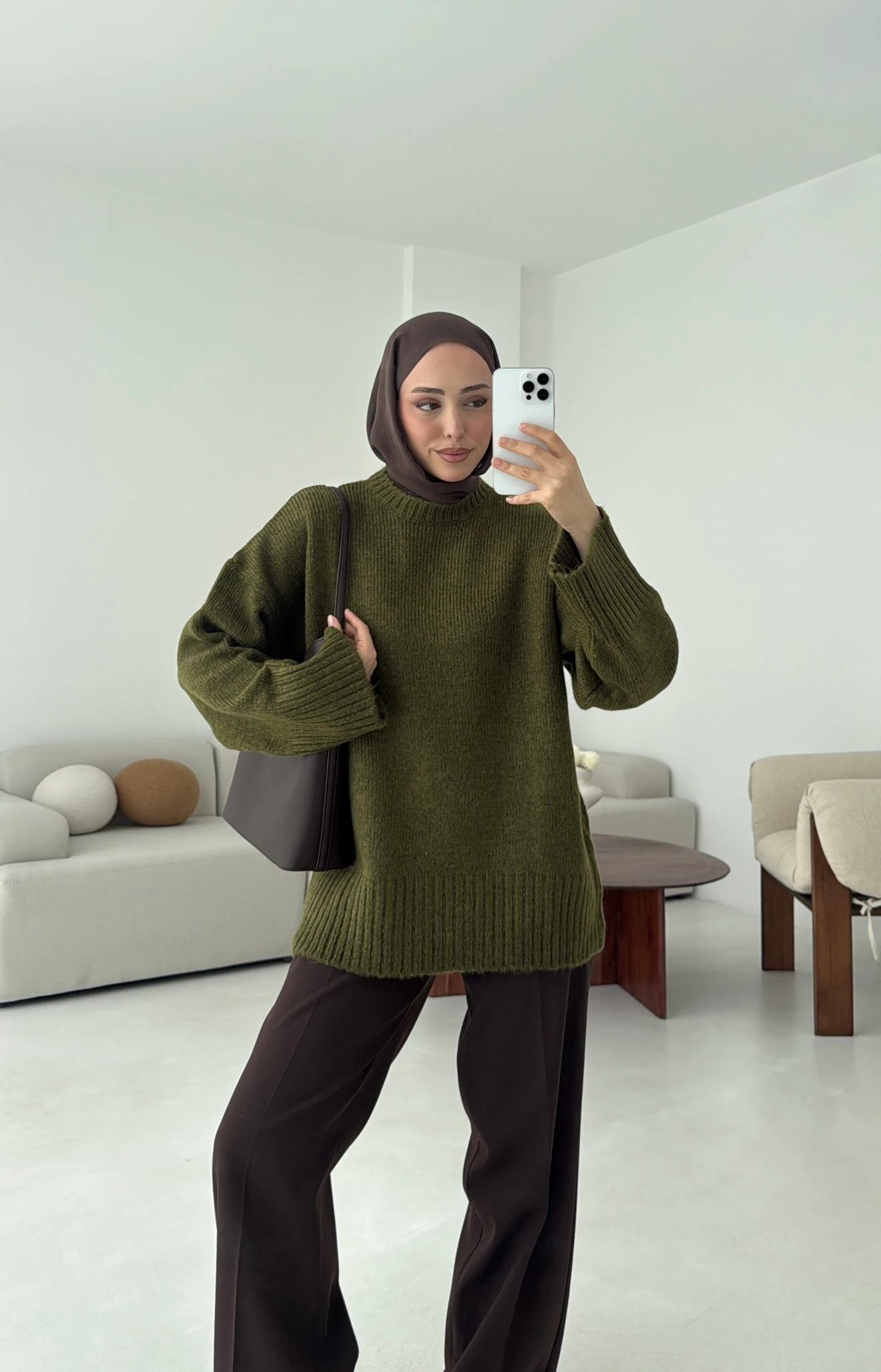 Çift Kat Triko Kazak Zeytin Yeşili