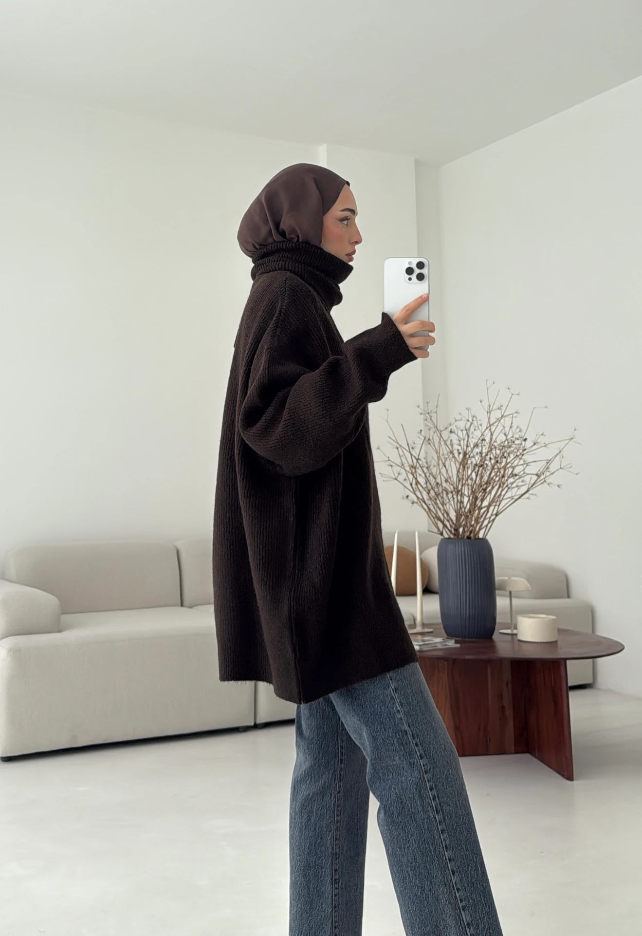 Balıkçı Yaka Oversizse Triko Kazak Kahve