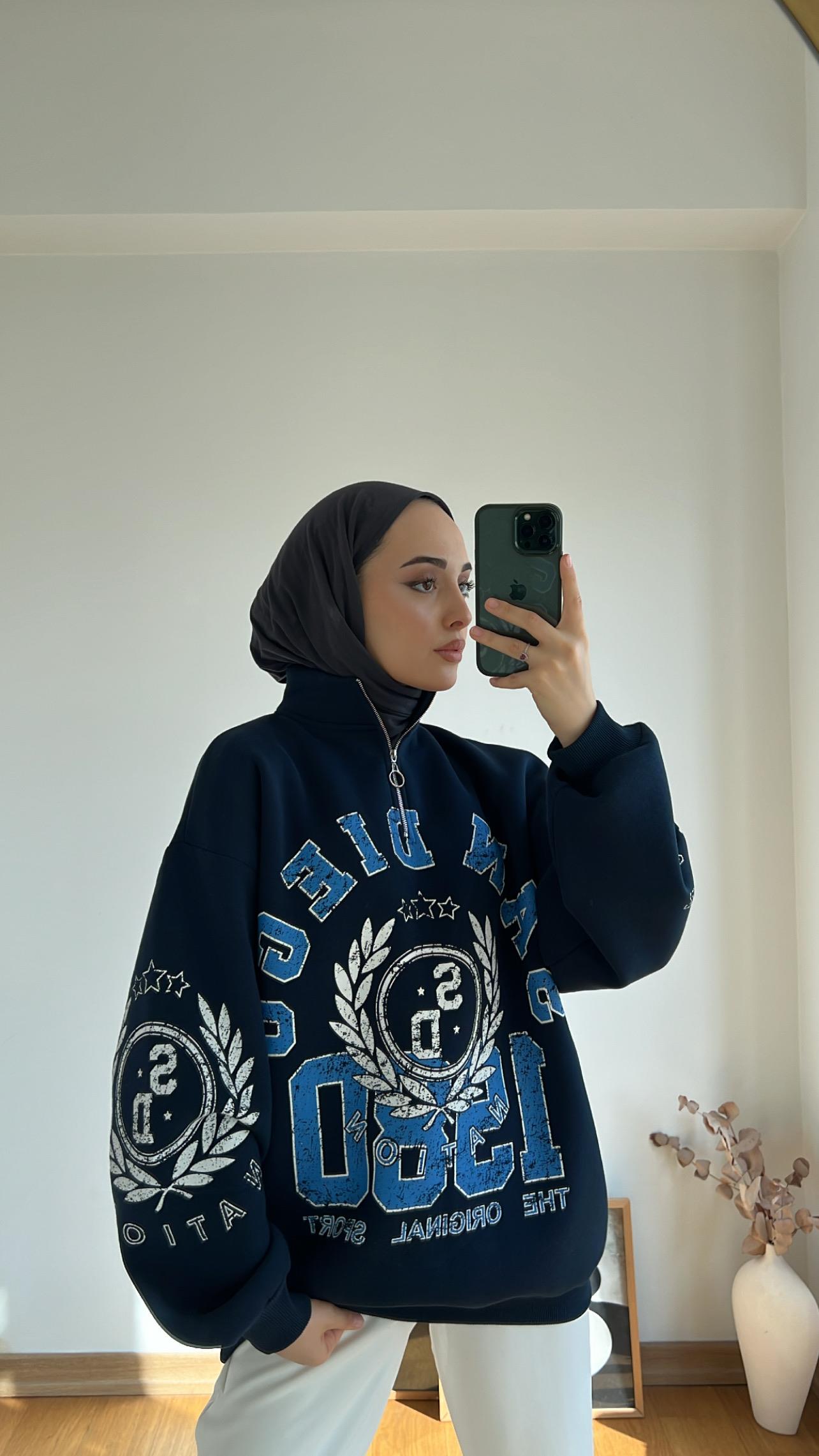 Yarım Zip Lacivert Oversize Şardonlu Sweatshirt