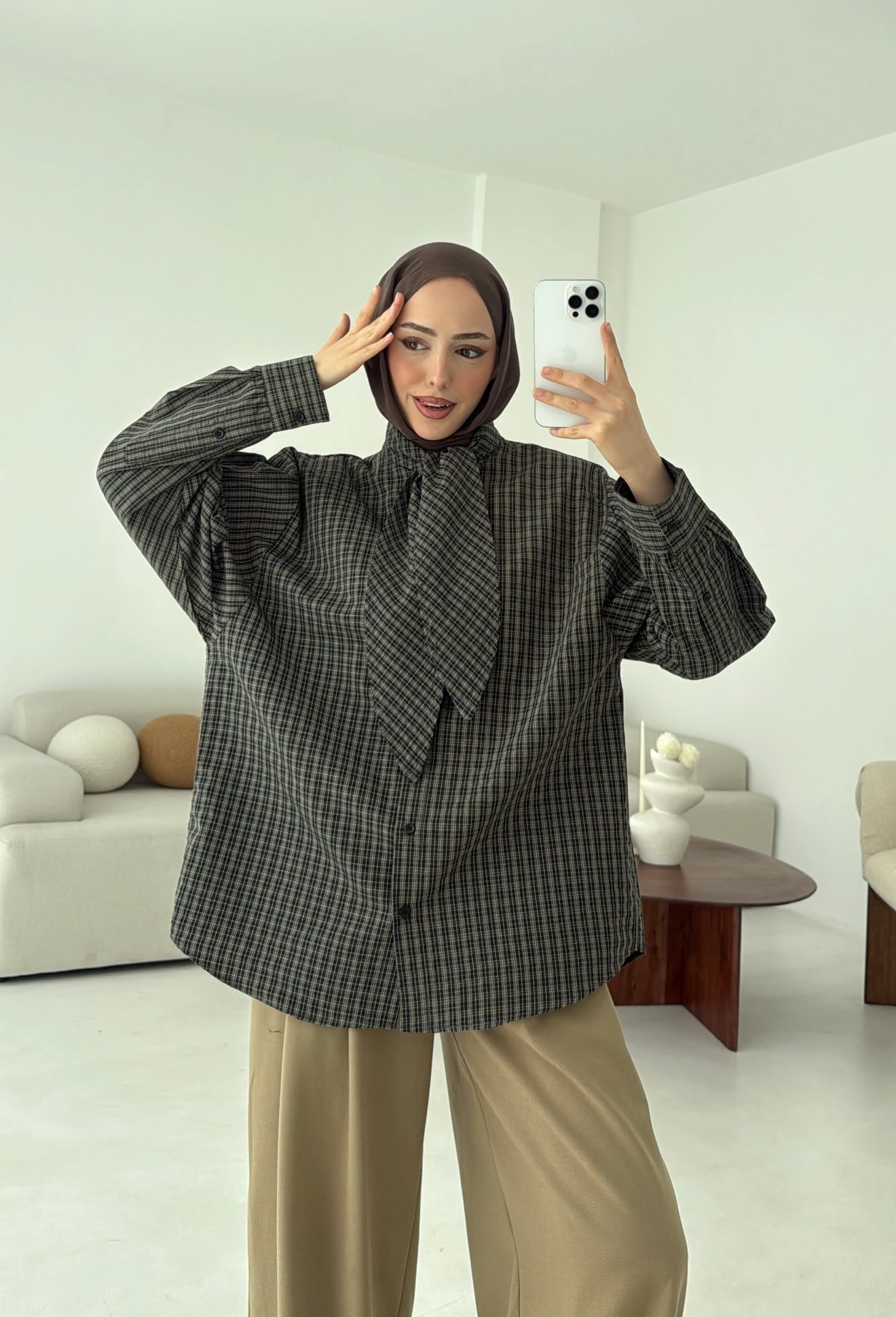 Fular Detay Ekose Gömlek Yeşil