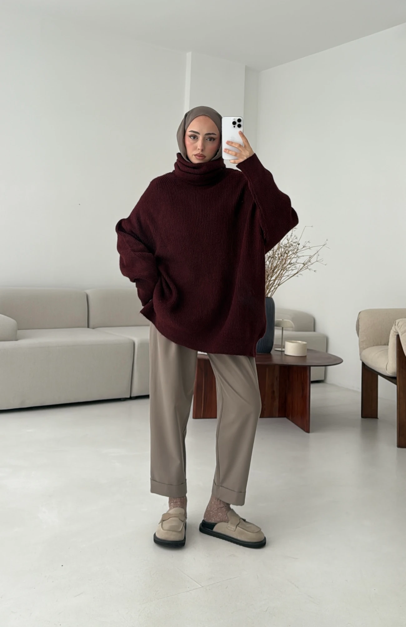 Balıkçı Yaka Oversizse Triko Kazak Bordo