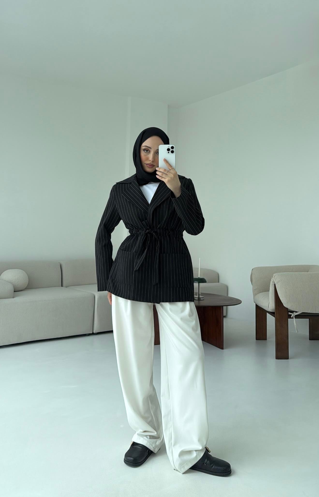 Bağlamalı Siyah Çizgili Blazer Ceket