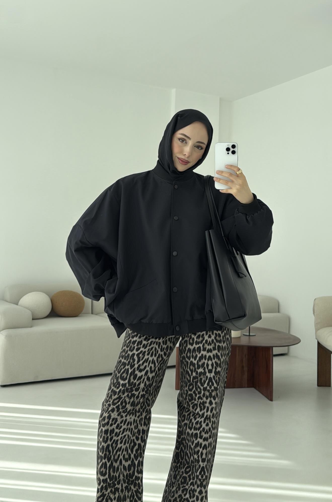 Overize Asimetrik Kesim Bomber Ceket Siyah
