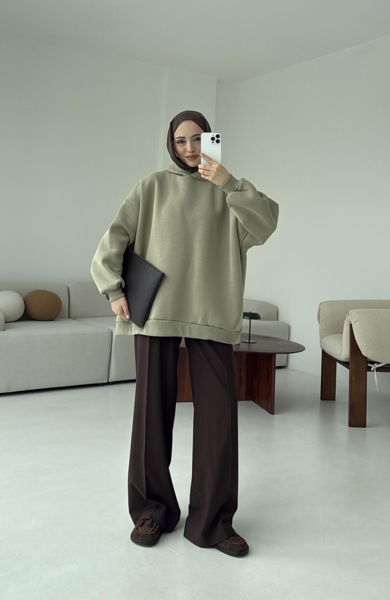 Kapüşonlu Oversize Şardonlu Sweatshirt Cagla