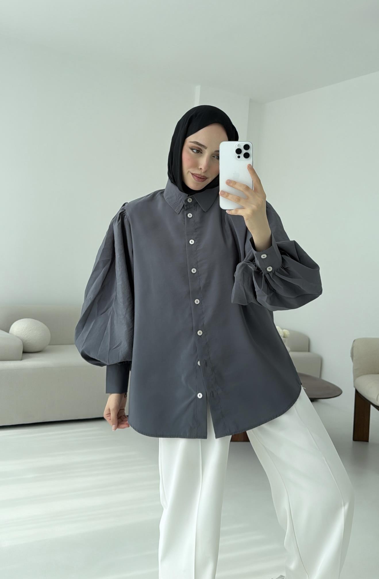 Cotton Balon Kol Gömlek Gri