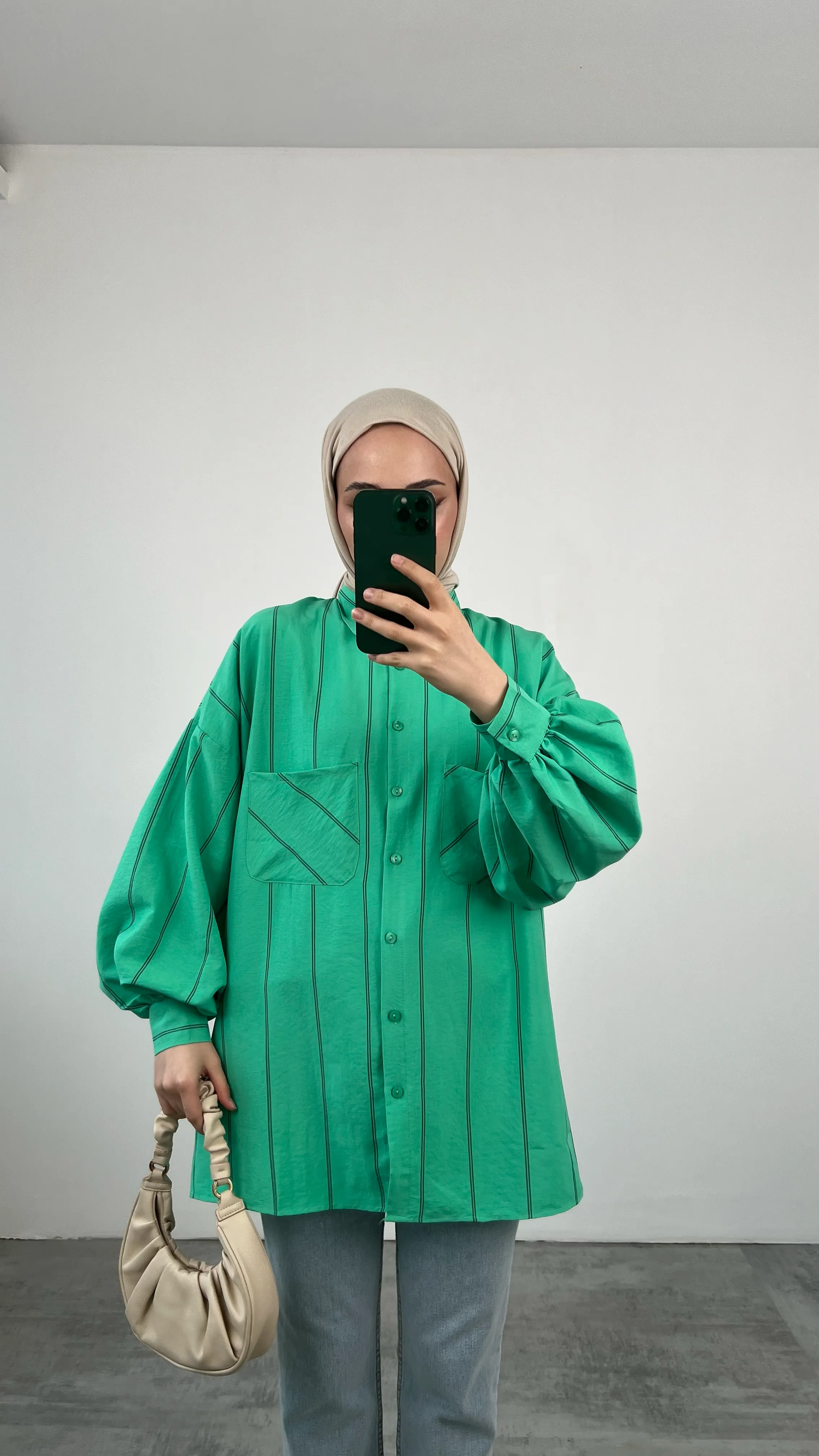 Balon Kol Çizgili Yeşil Gömlek