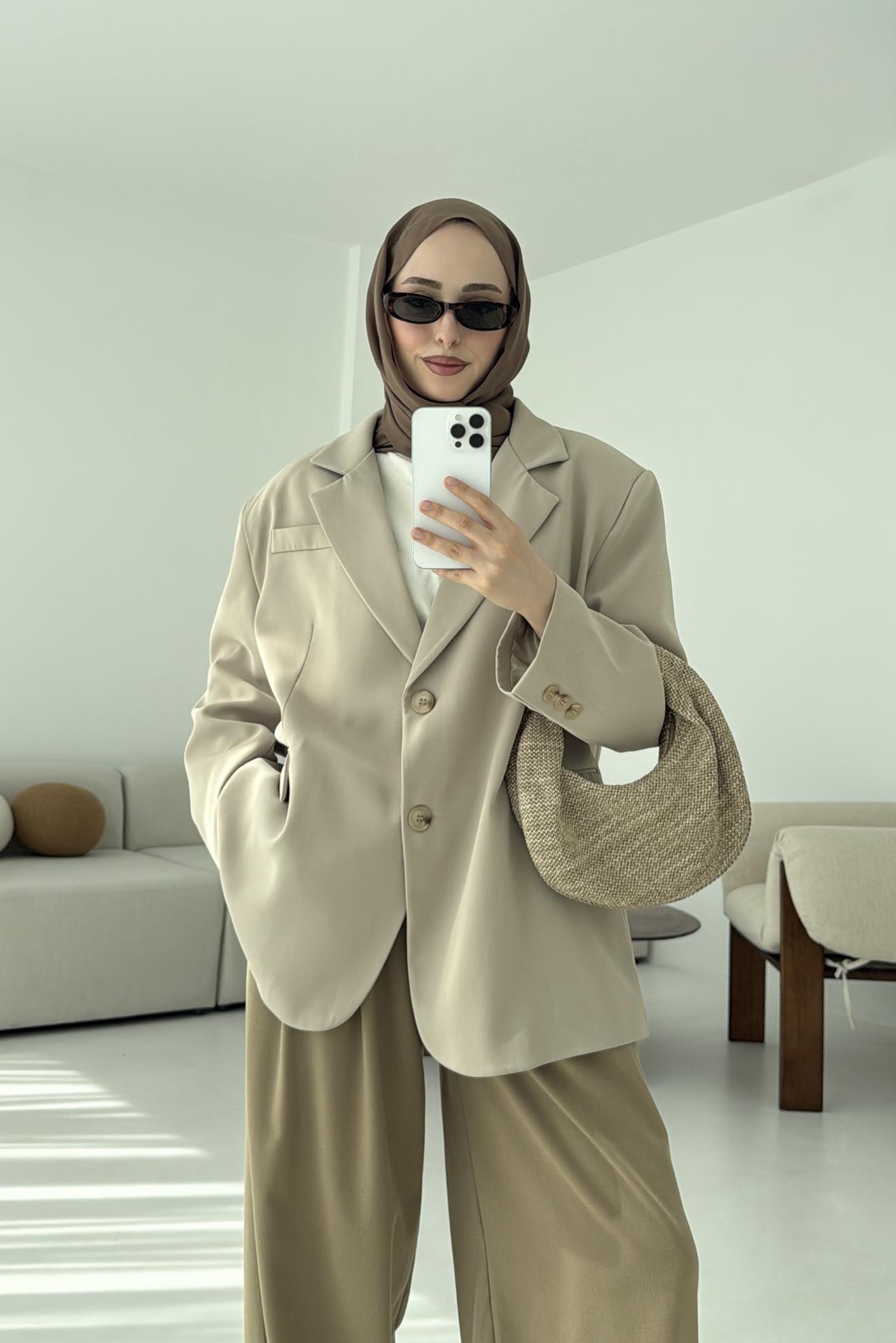 Çift Dügmeli Oversize Blazer Ceket Taş