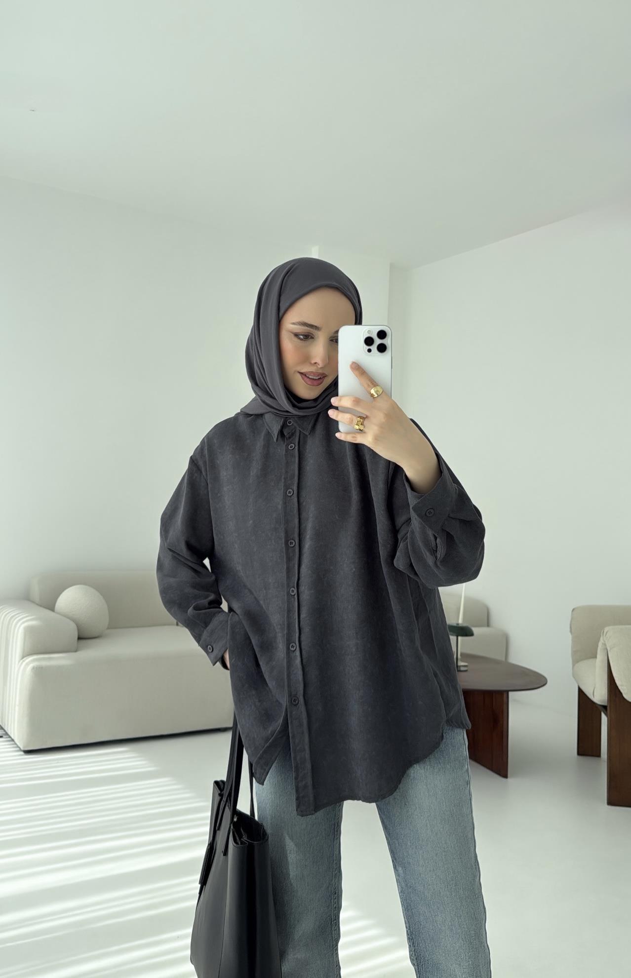 Batik Bambu Keten Gömlek Antrasit