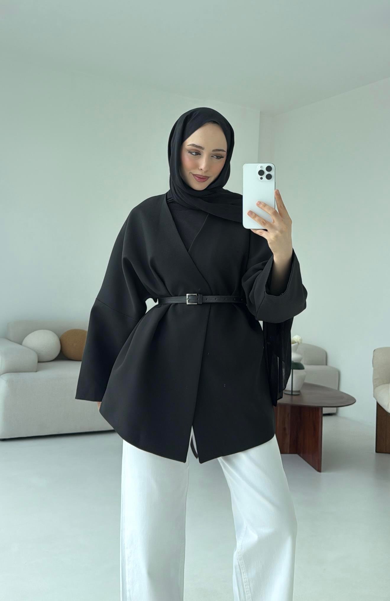 Deri Kemer Detay Oversize Ceket Siyah