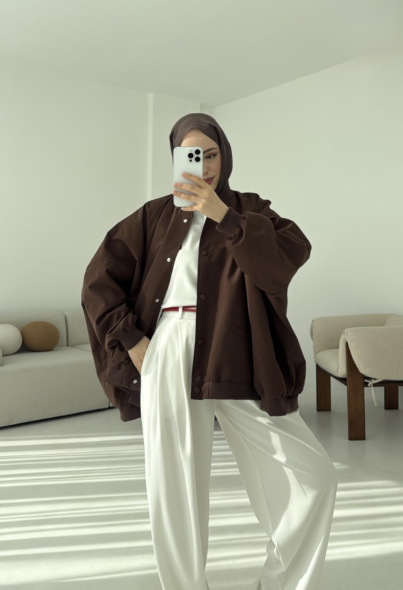Overize Asimetrik Kesim Bomber Ceket Kahve