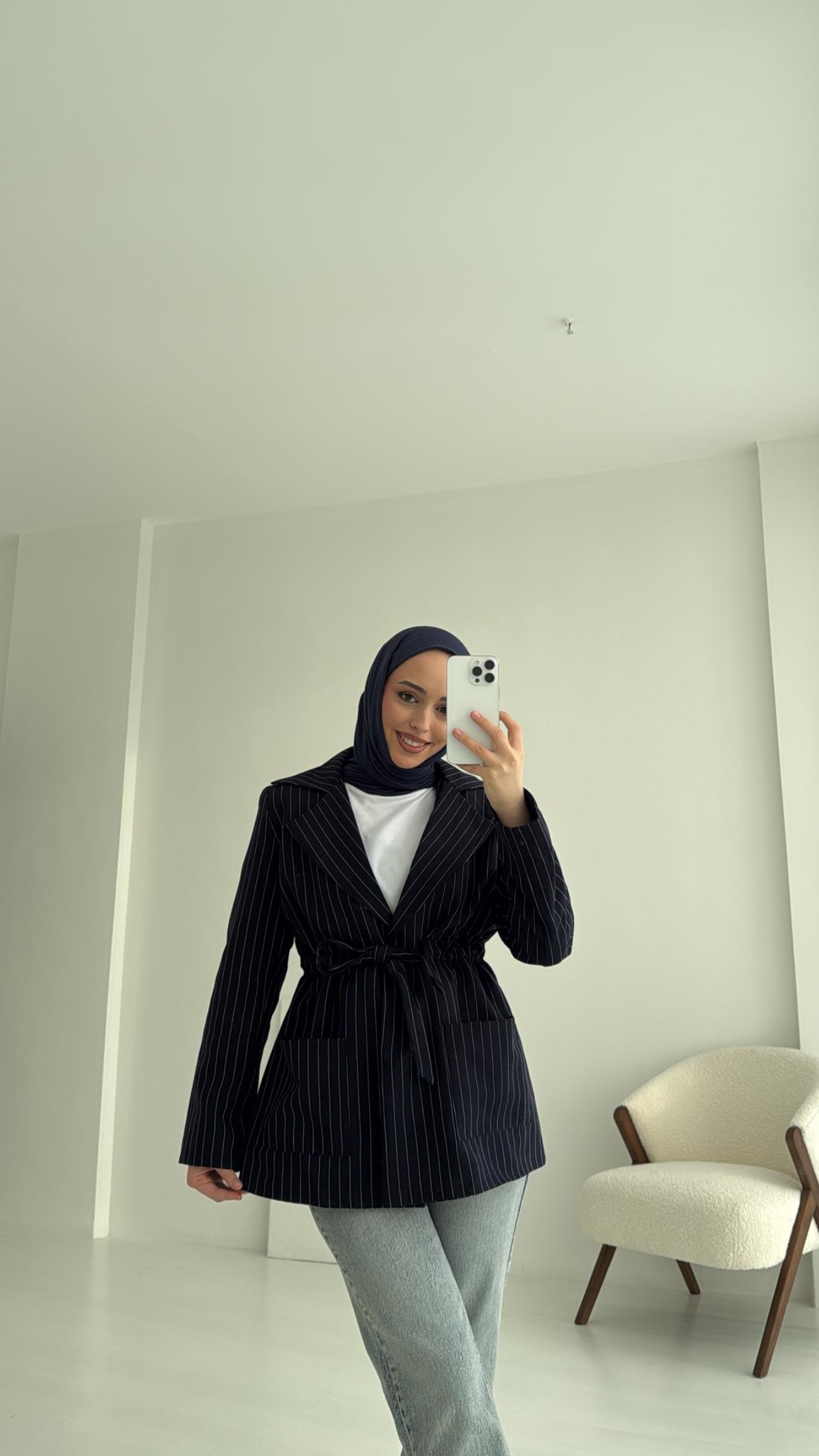 Bağlamalı Çizgili Blazer Ceket