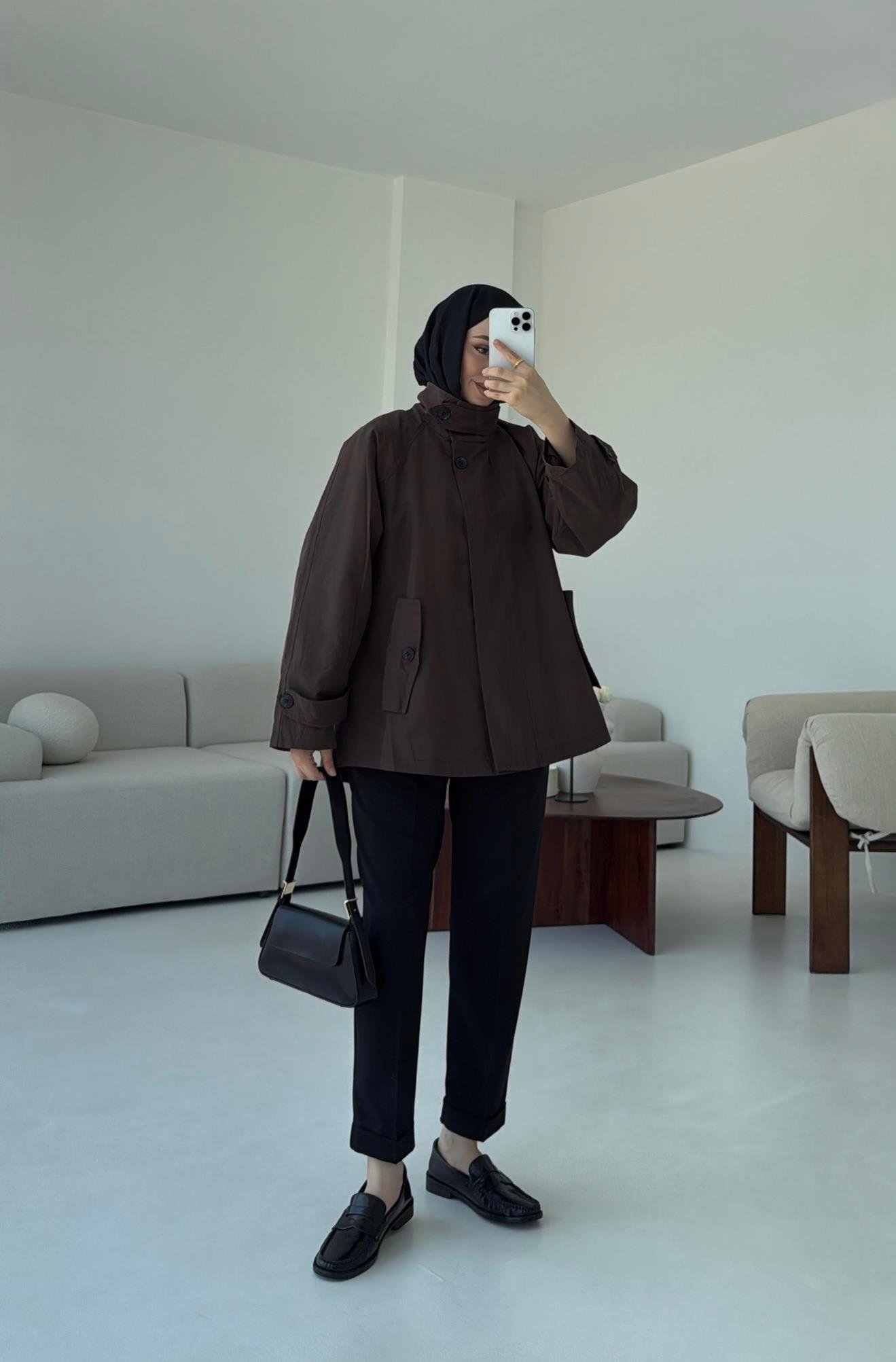 Minimal Yakalı Trençkot Kahve
