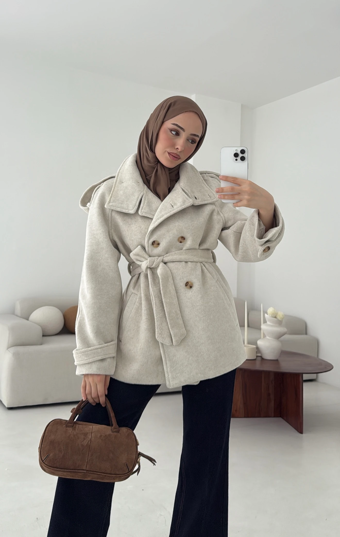 Kuşaklı Oversize Kaşe Kaban Bej