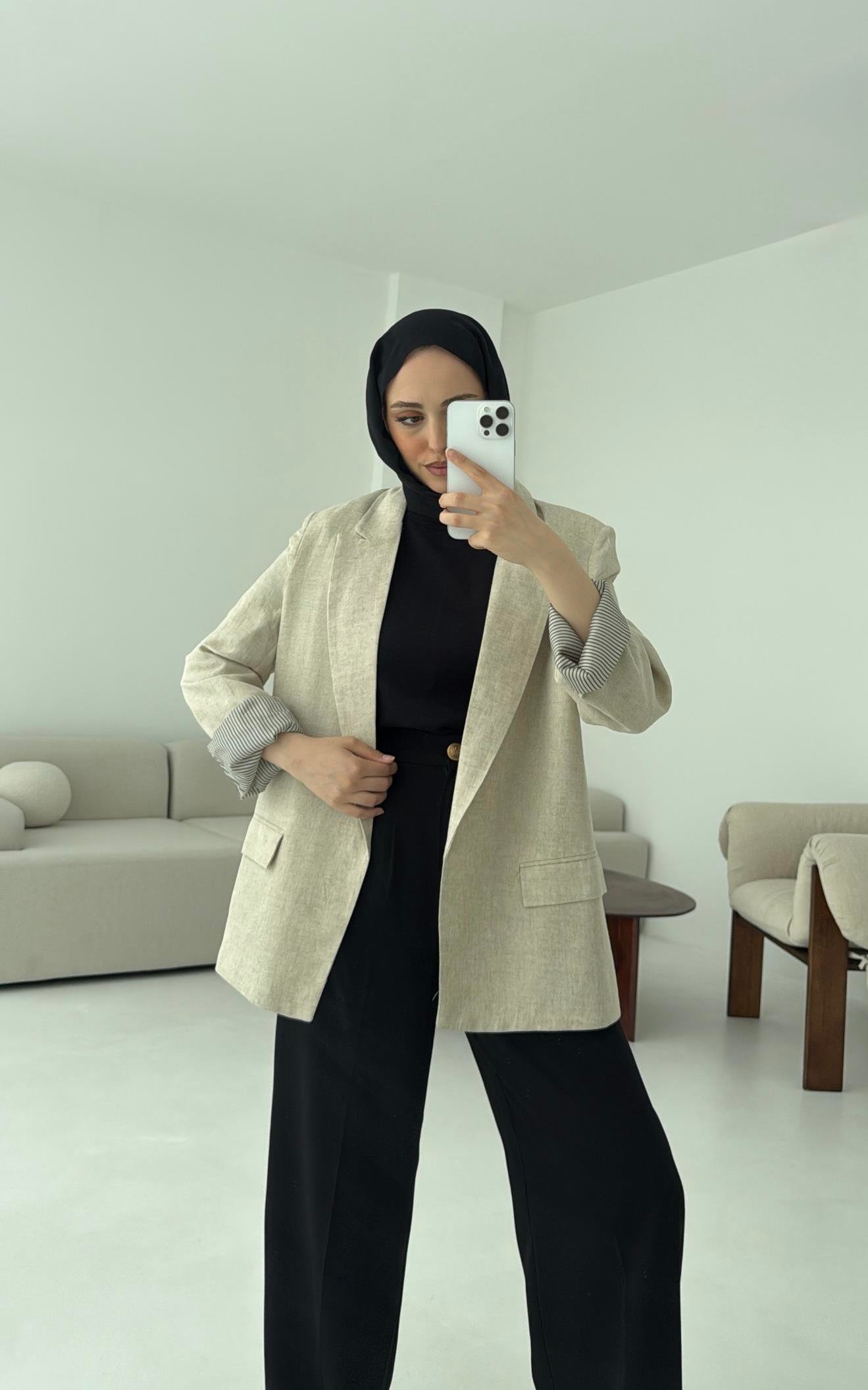 Keten Astarı Çizgili Blazer Ceket Natural