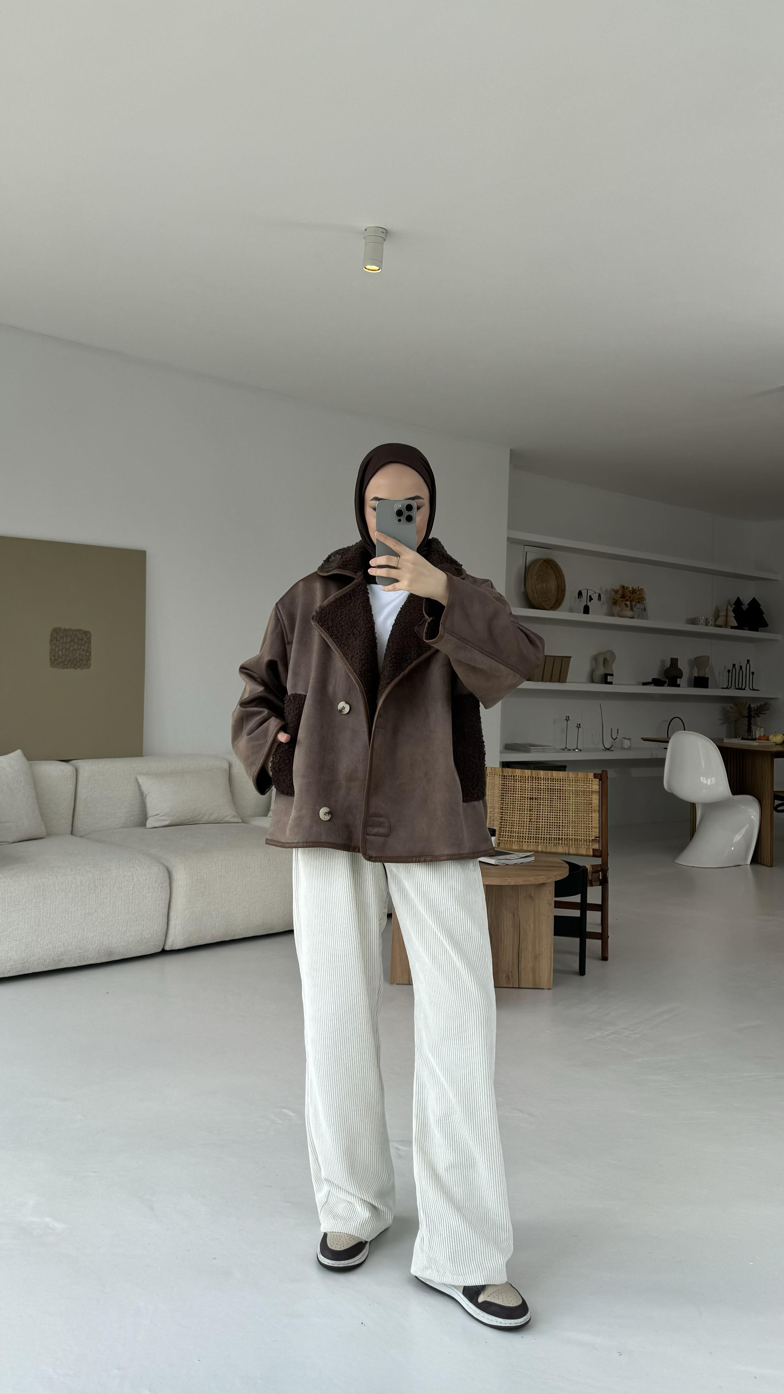 Oversize İçi Kürklü Kaban Kahve