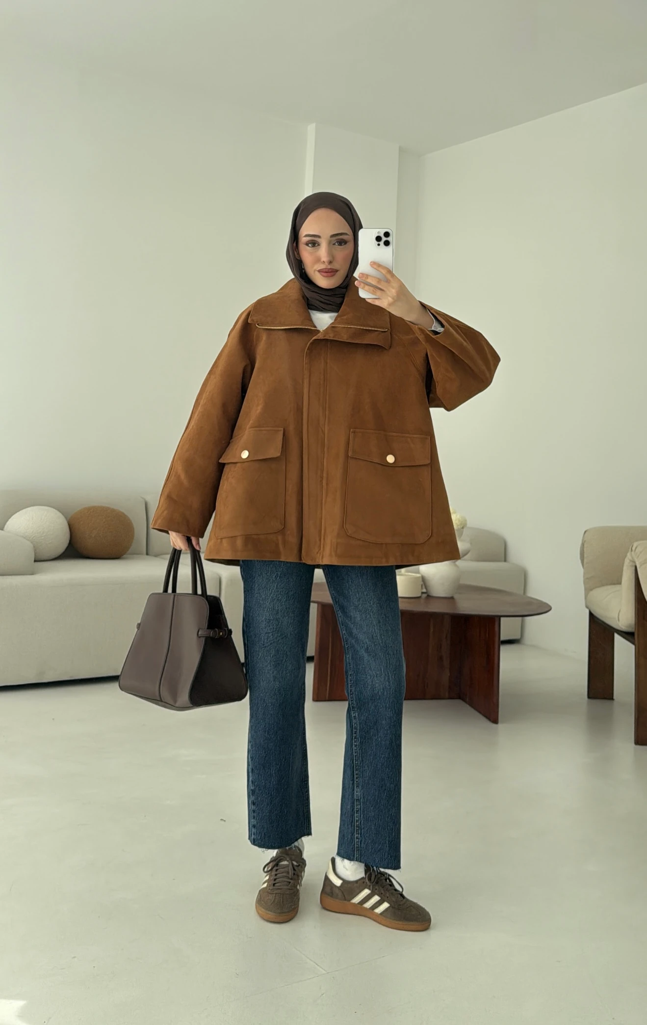 Oversize Dolgulu Süet Ceket Taba