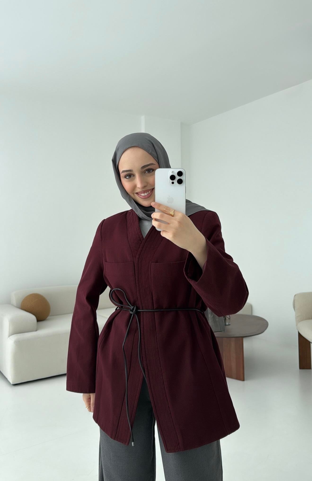 Gabardin Kemerli Ceket Bordo