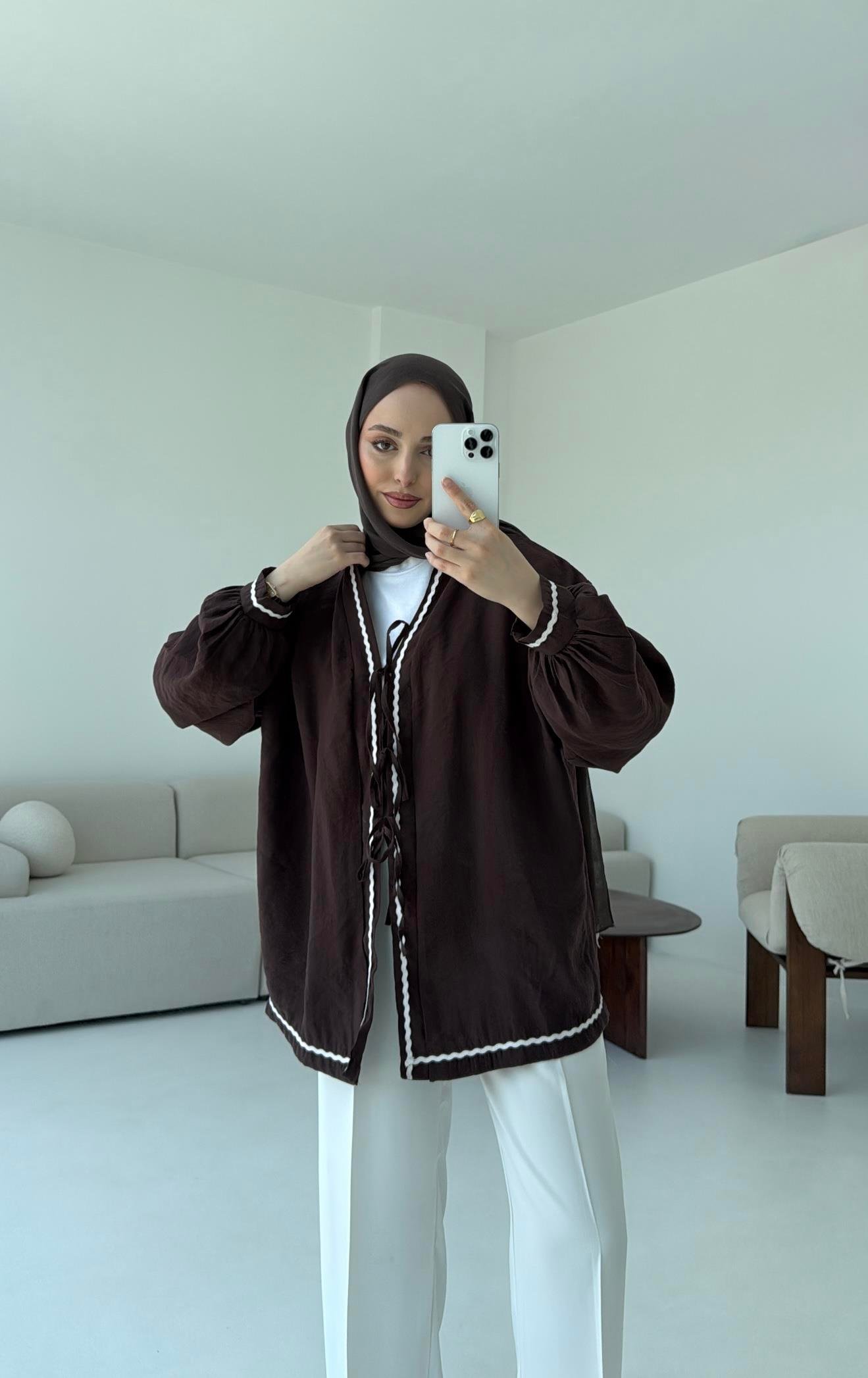 Bağlamalı Dantel Detay Kimono Kahve