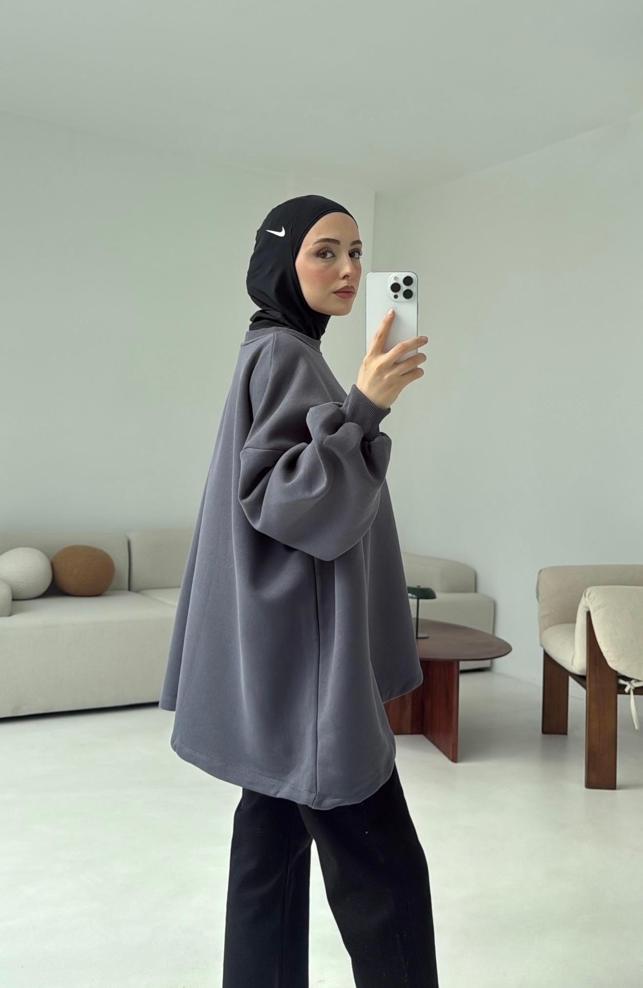Oversize Şardonlu Sweatshirt Antrasit