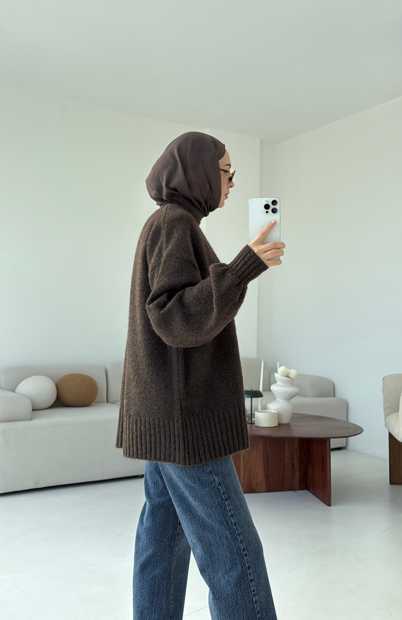 Balon Kol Yumuşak Kazak Kahve