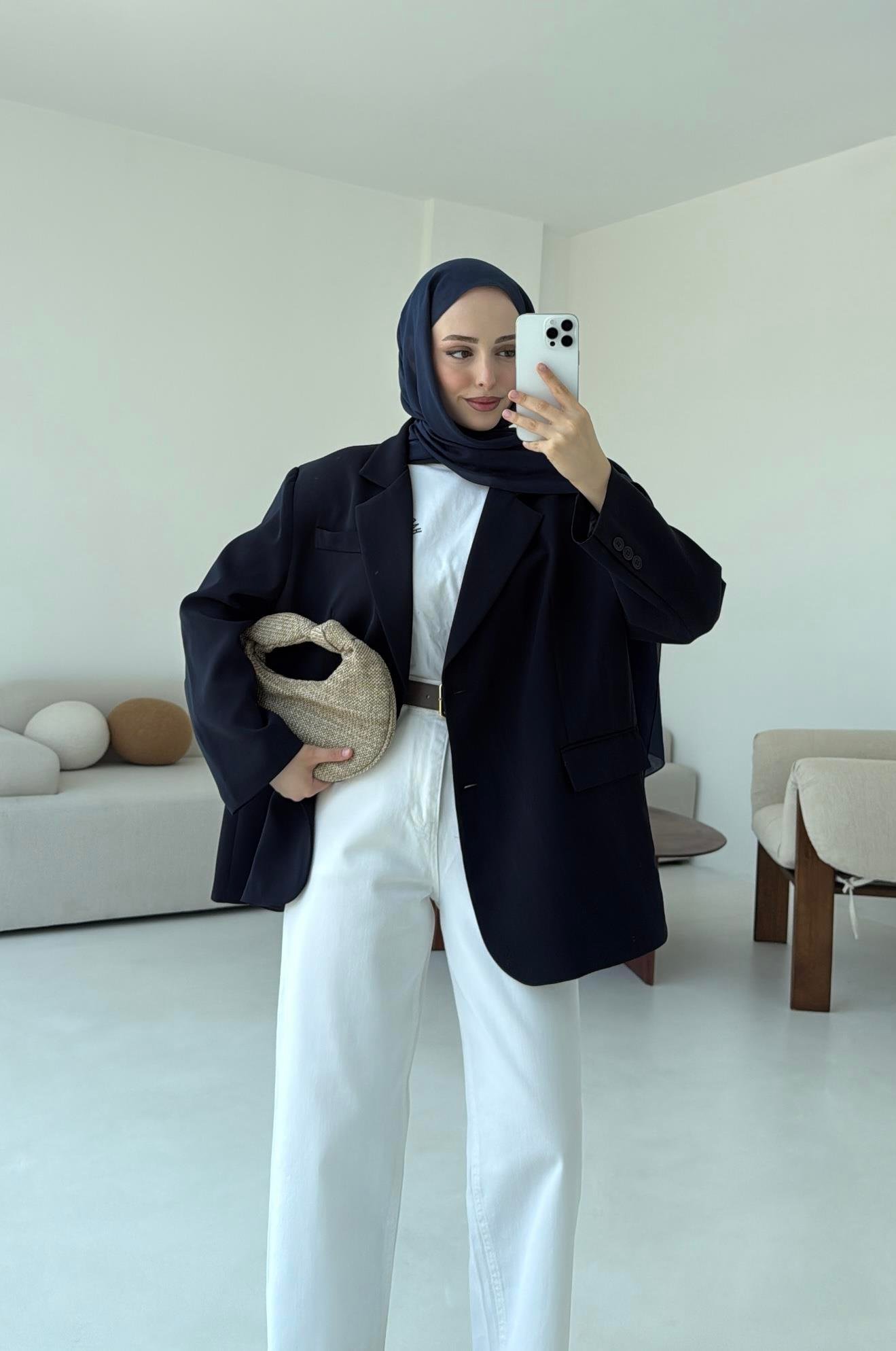 Çift Dügmeli Oversize Blazer Ceket Lacivert