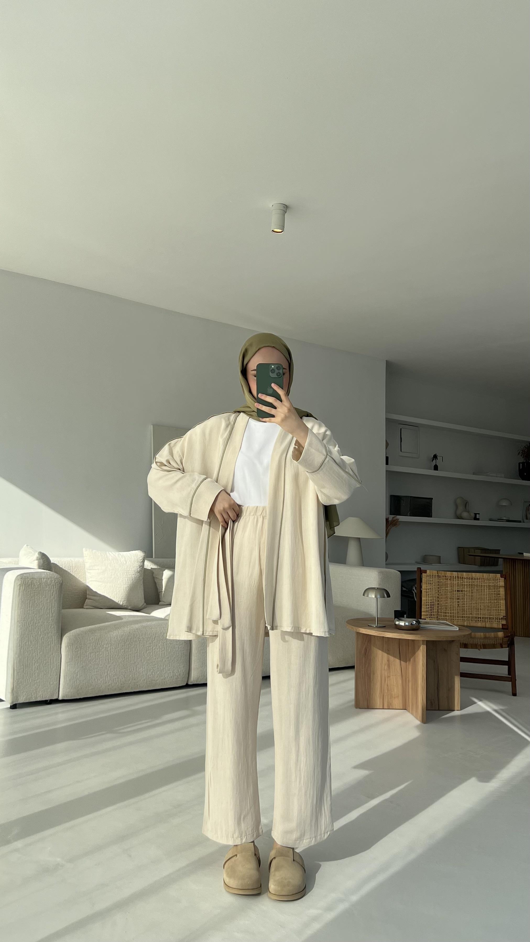 Ara Biyeli Keten Takım Bej