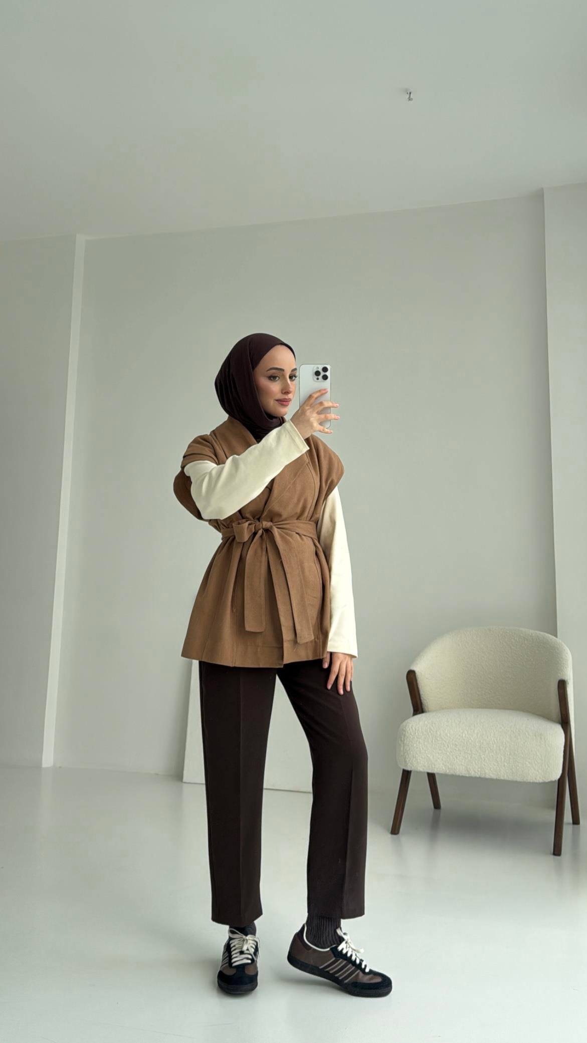 Gabardin Bağlamalı Yelek Taba