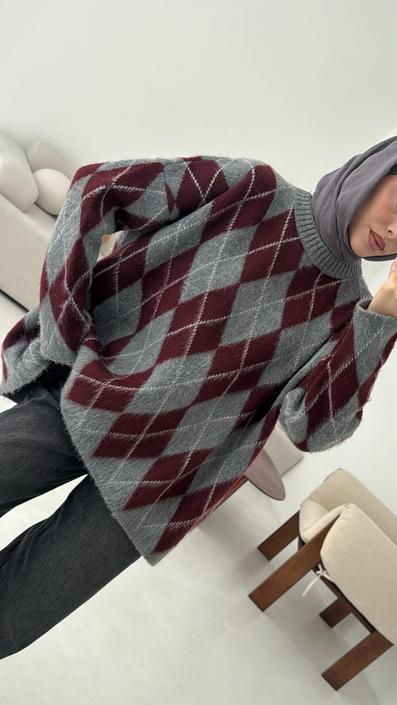 Premium Desenli Kalın Kazak Gri/Bordo