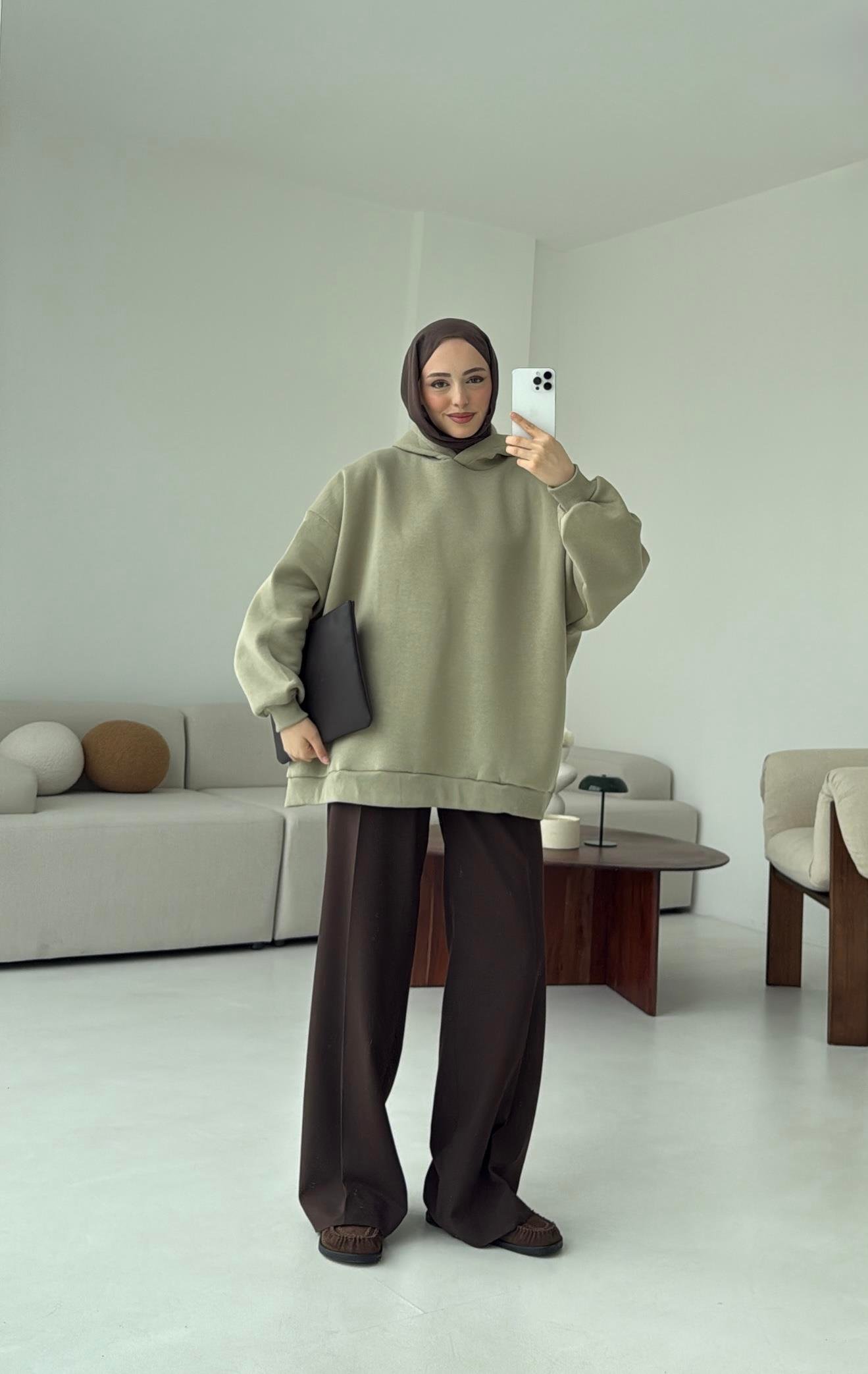 Kapüşonlu Oversize Şardonlu Sweatshirt Cagla