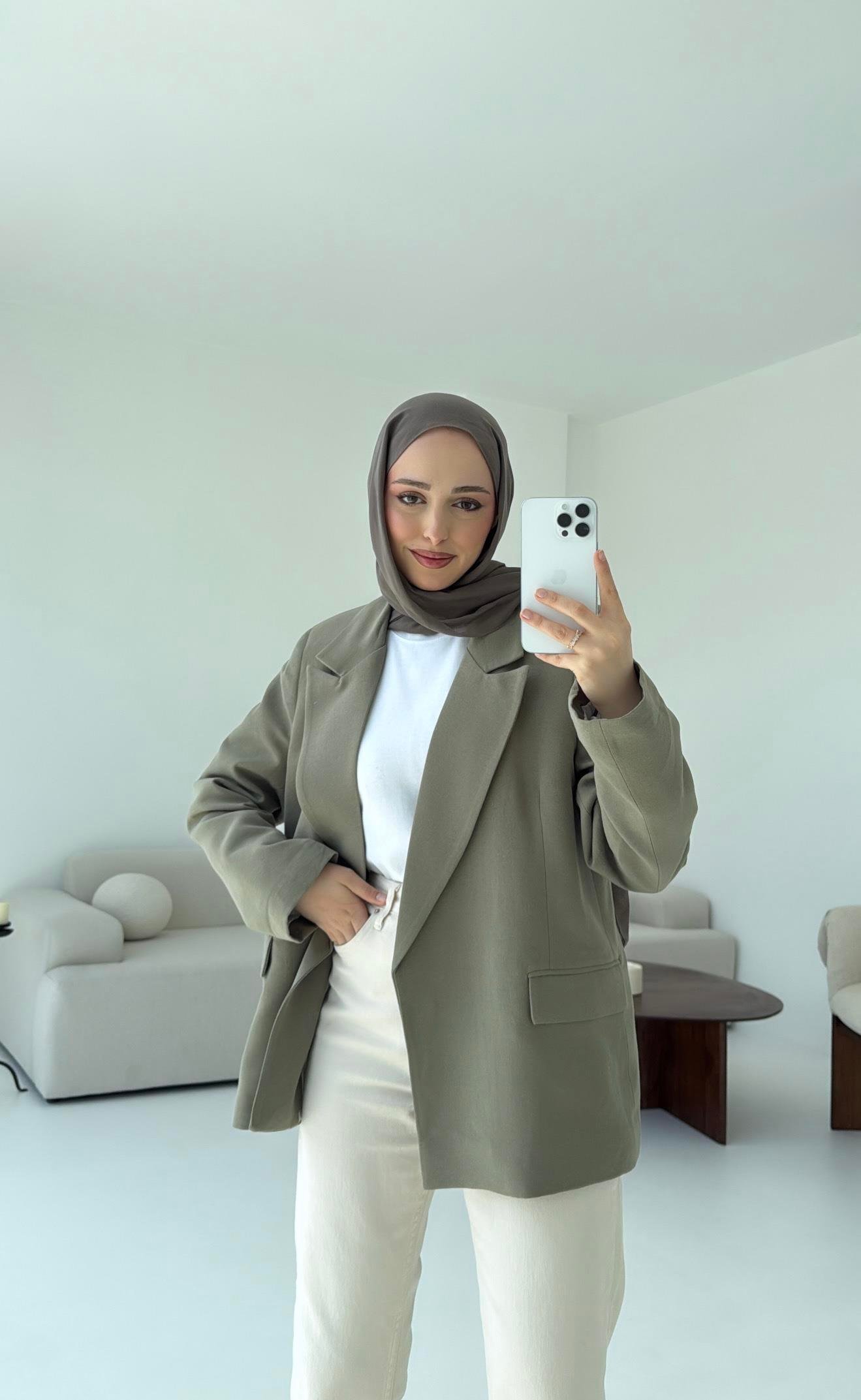 Keten Kolu Katlamalı Haki Blazer Ceket