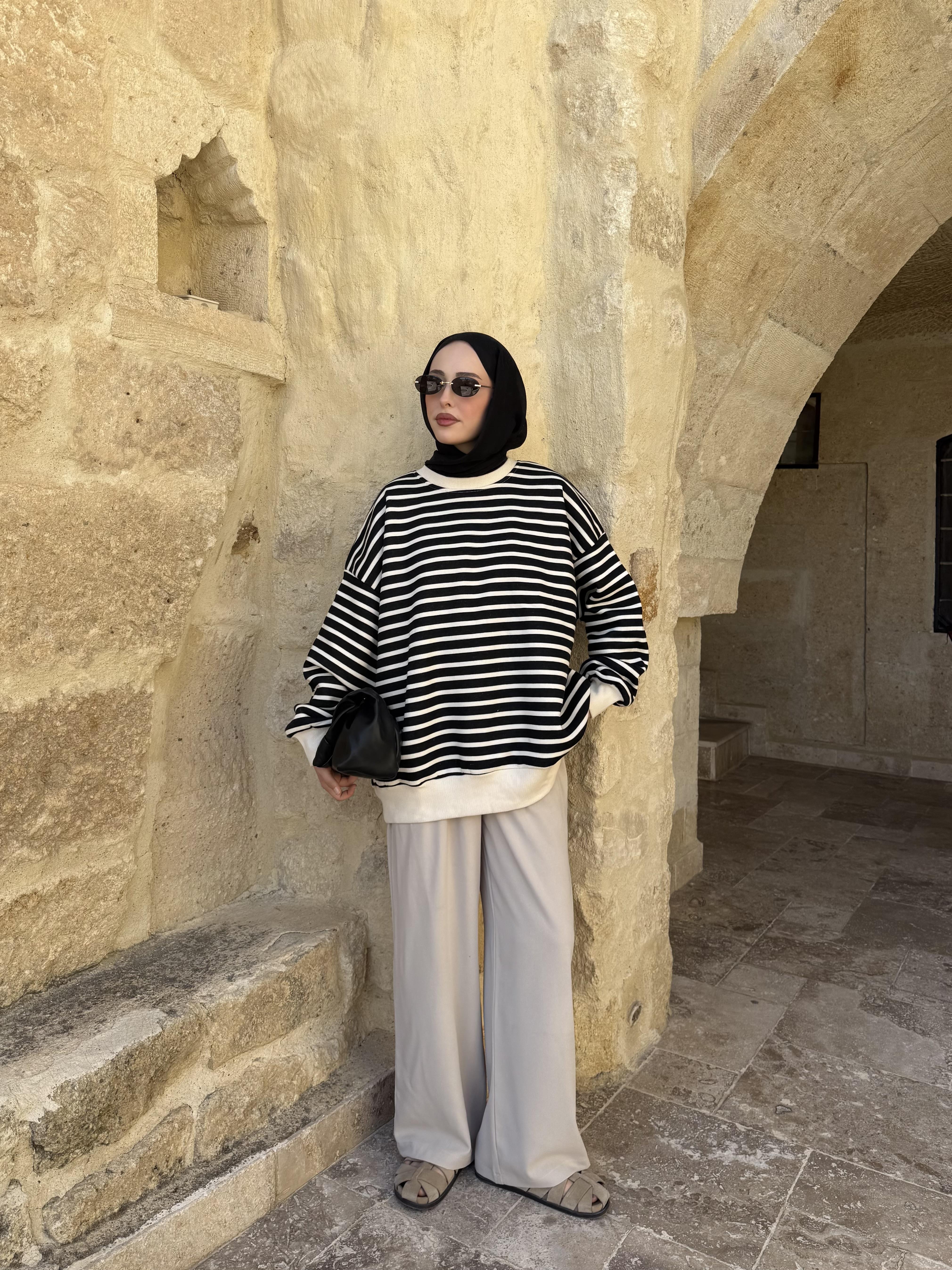 Çizgili Oversize Sweatshirt Ekru