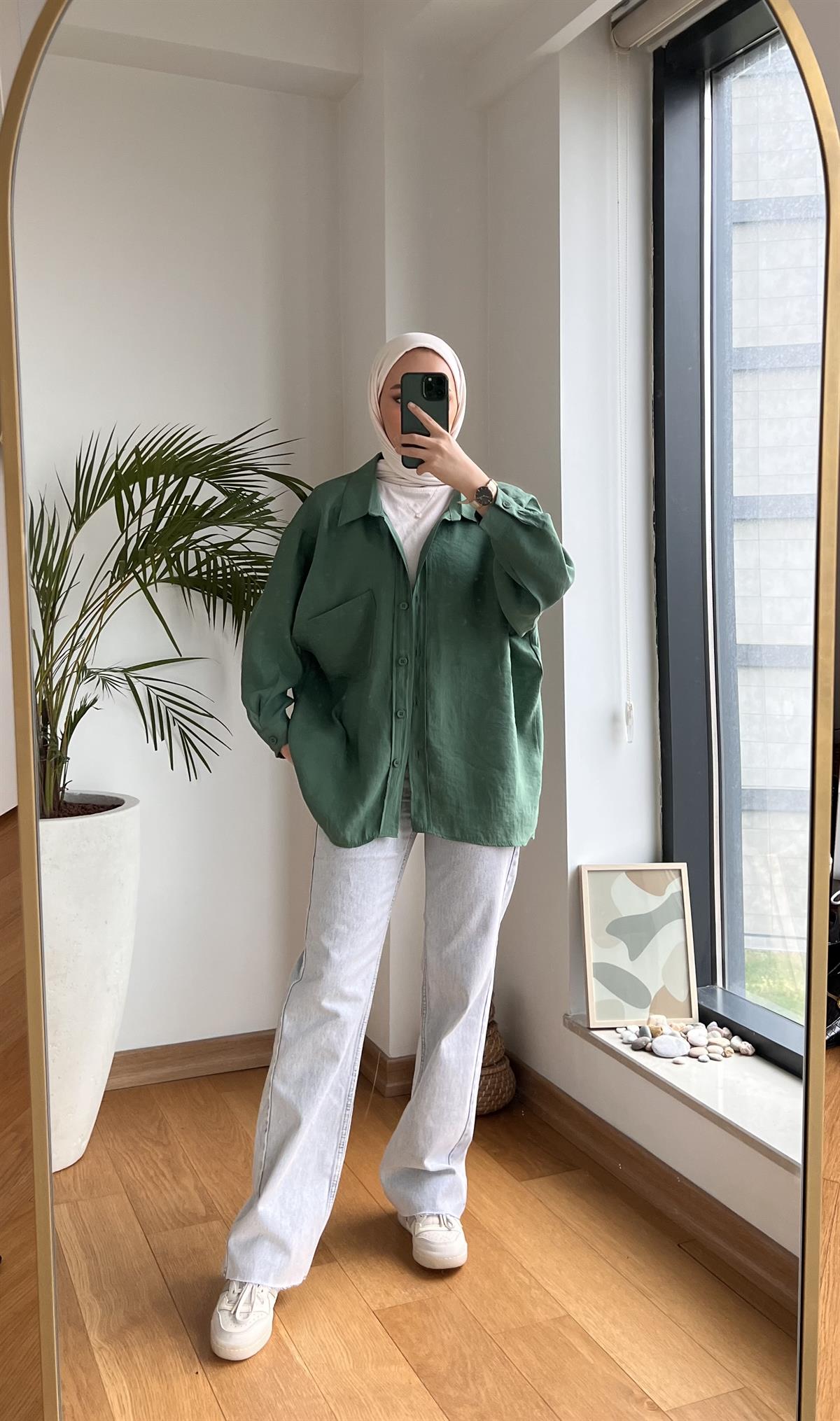 Oversize Pamuk Saten Gömlek Yeşil