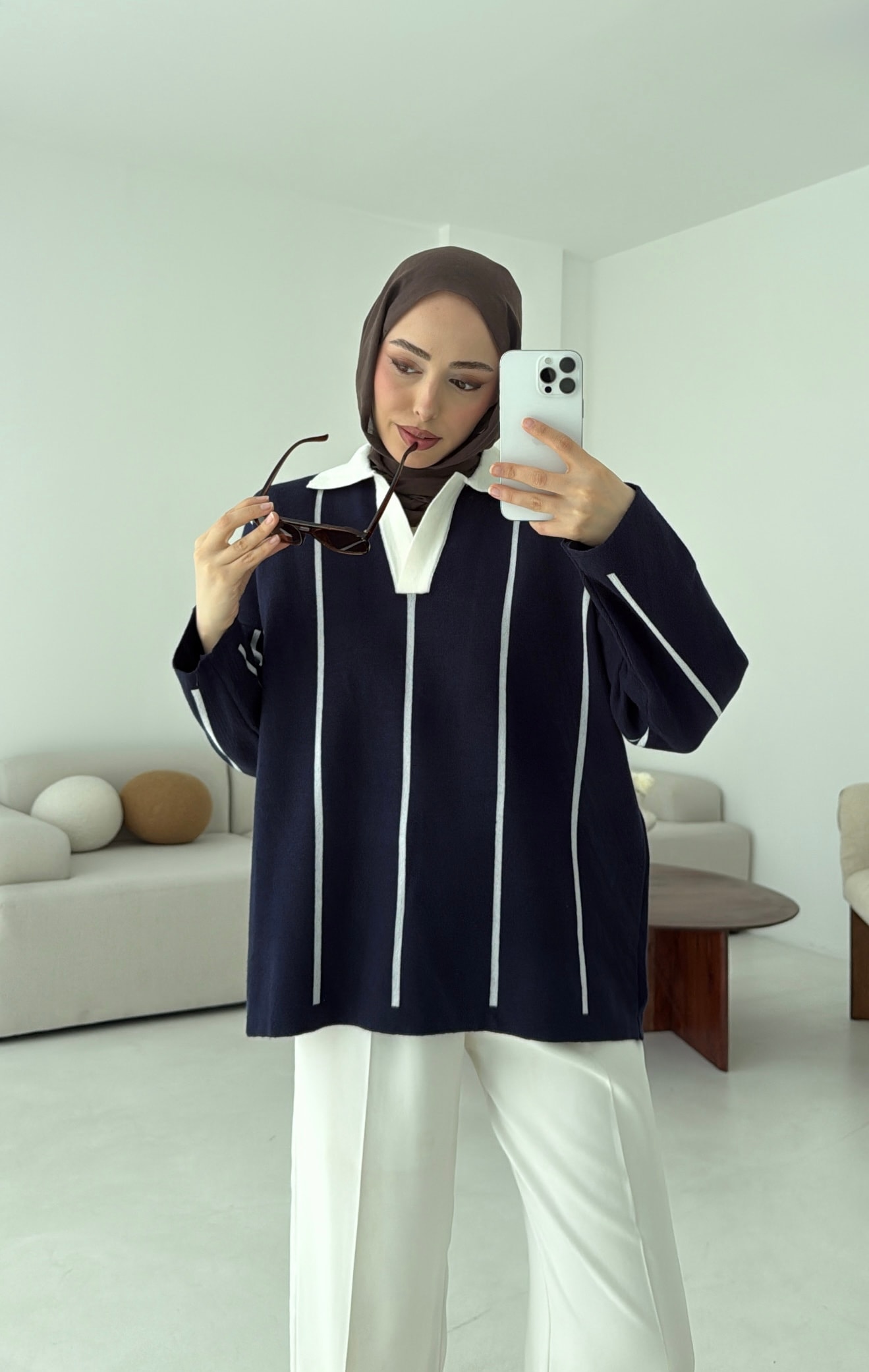 Lacivert-Kemik Polo Yaka Triko