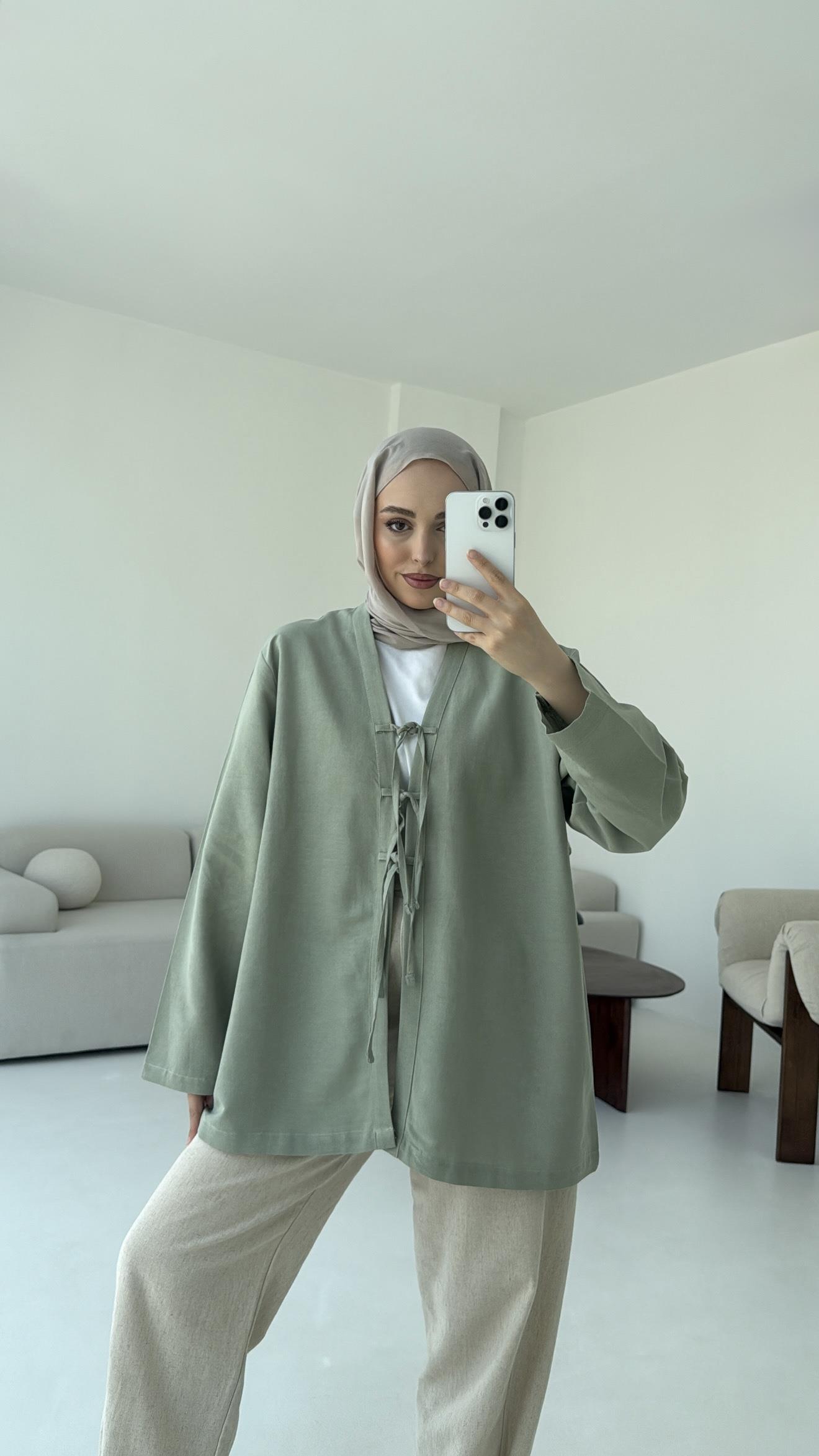 Keten Üç Bağlamalı Kimono Çağla