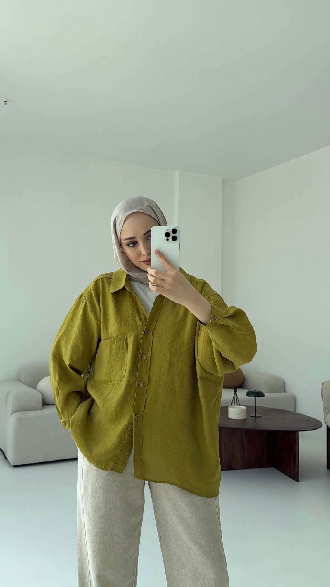 Düşük Omuz Oversize Gömlek Yağ Yeşili