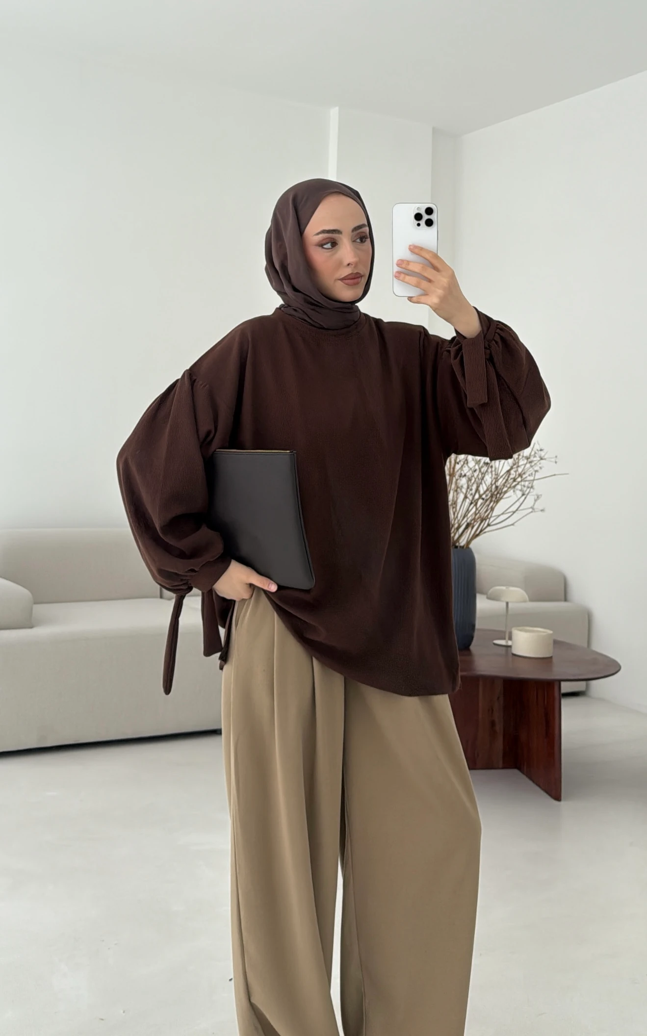 Selanik Balon Kol Bagcıklı Sweat Kahve 