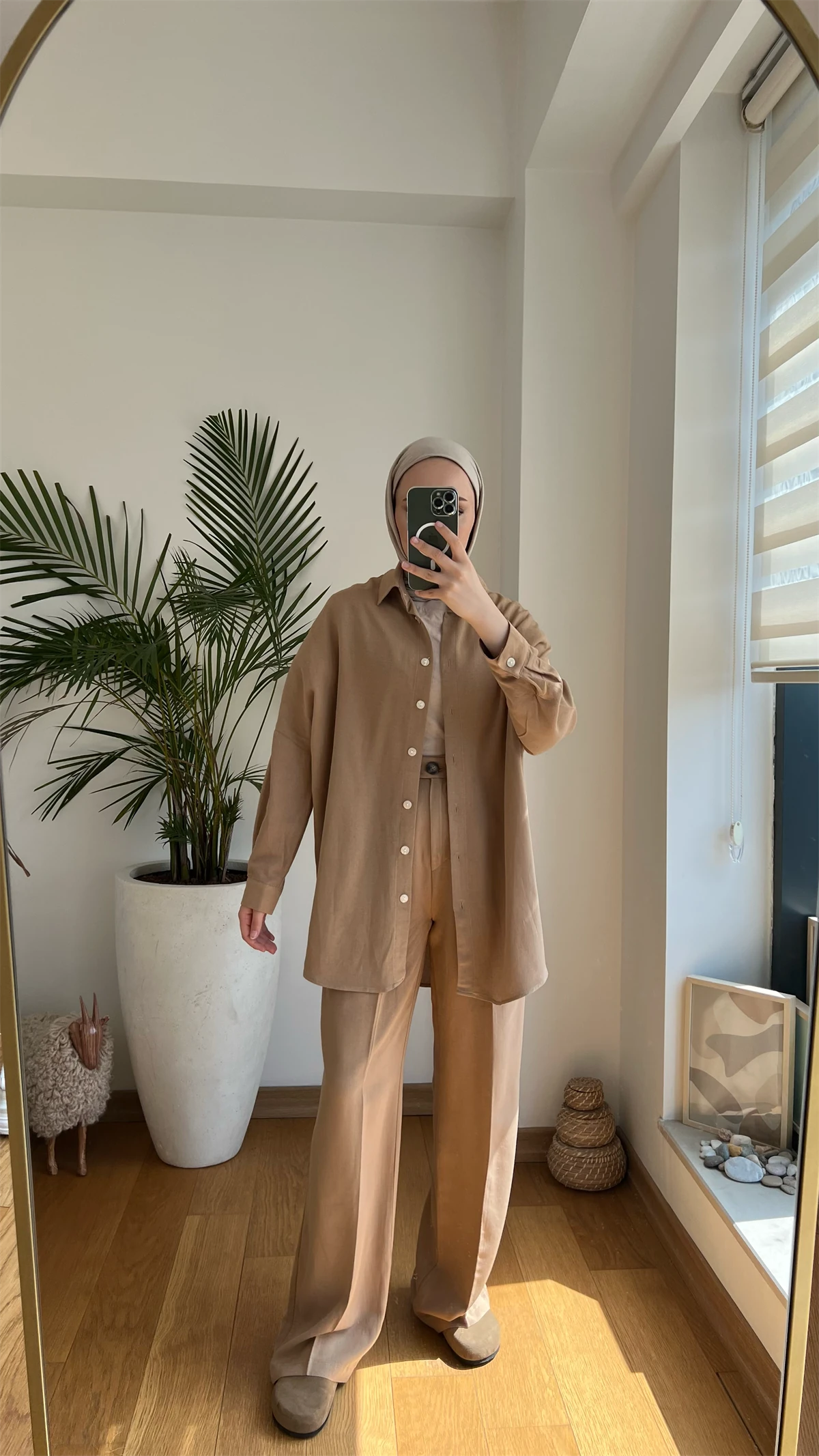Linen Keten Takım Camel