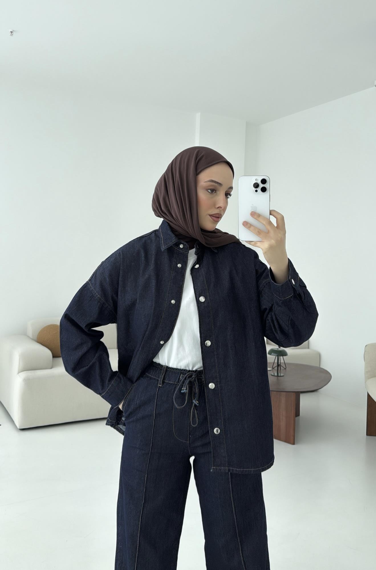 Beli Lastikli Denim Takım