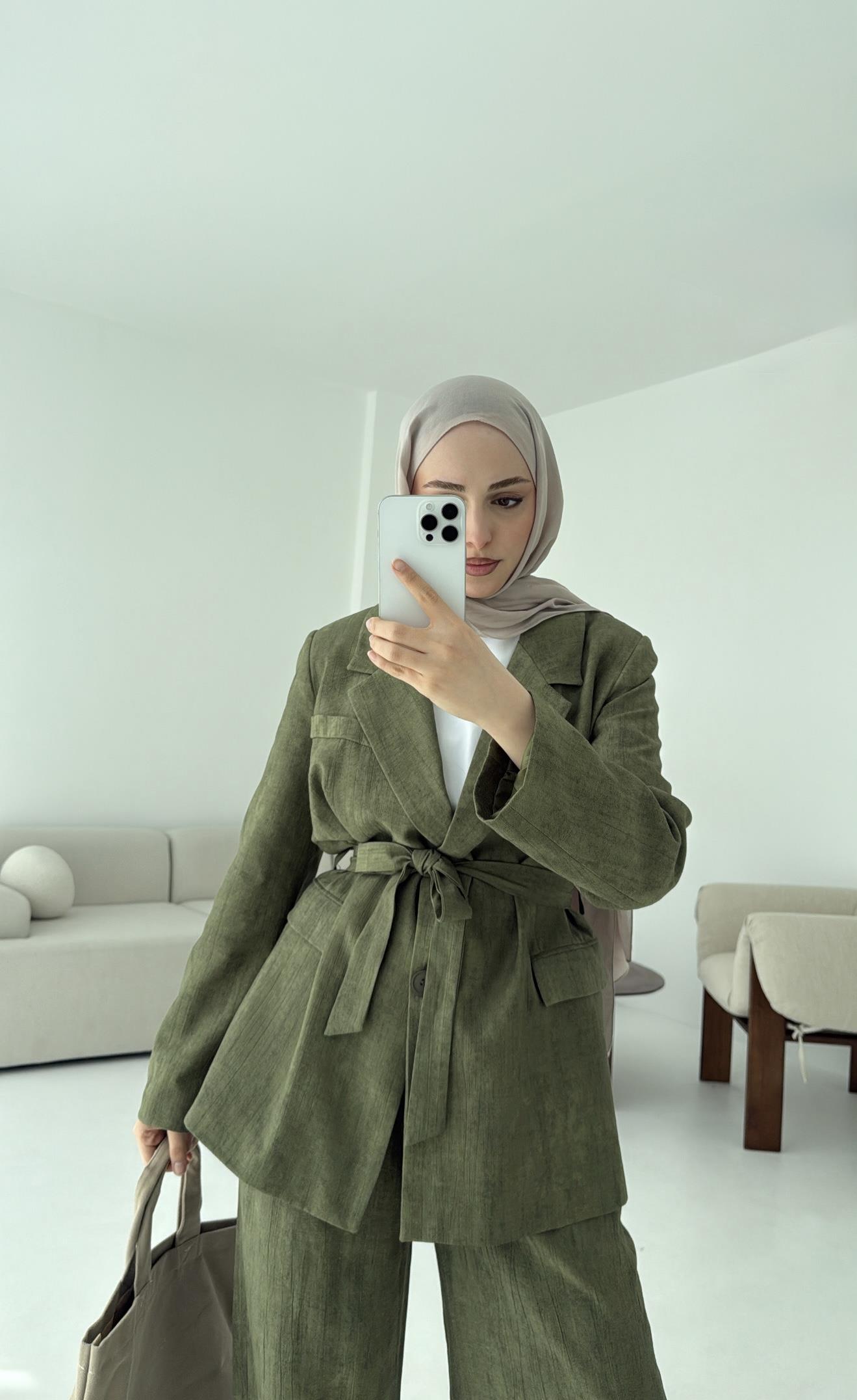 Kemerli Ceket Beli Lastikli Pantolon Takım Haki