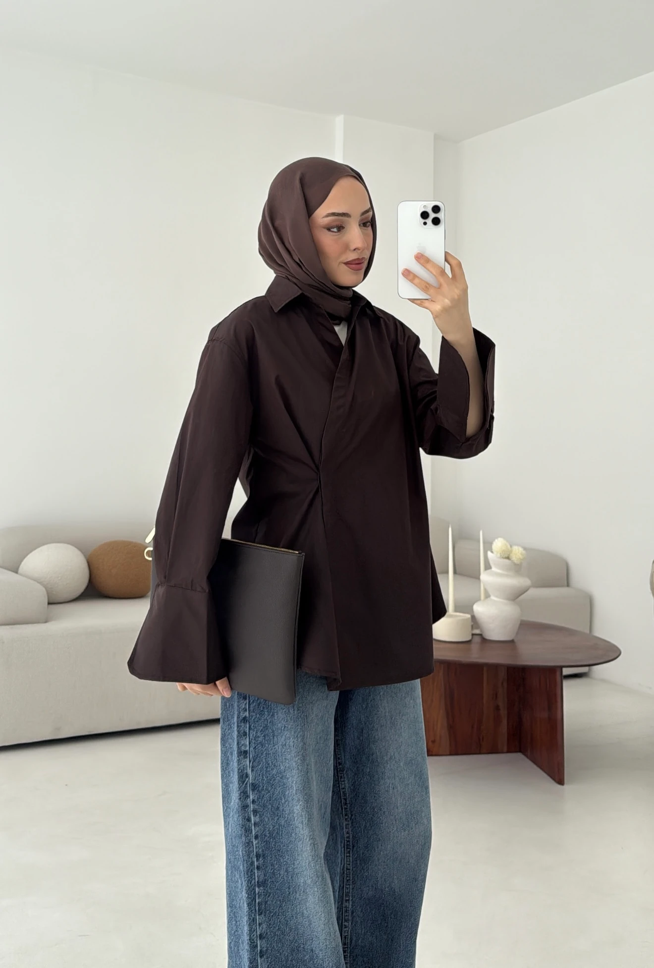 Yandan Düğmeli Gömlek Kahve