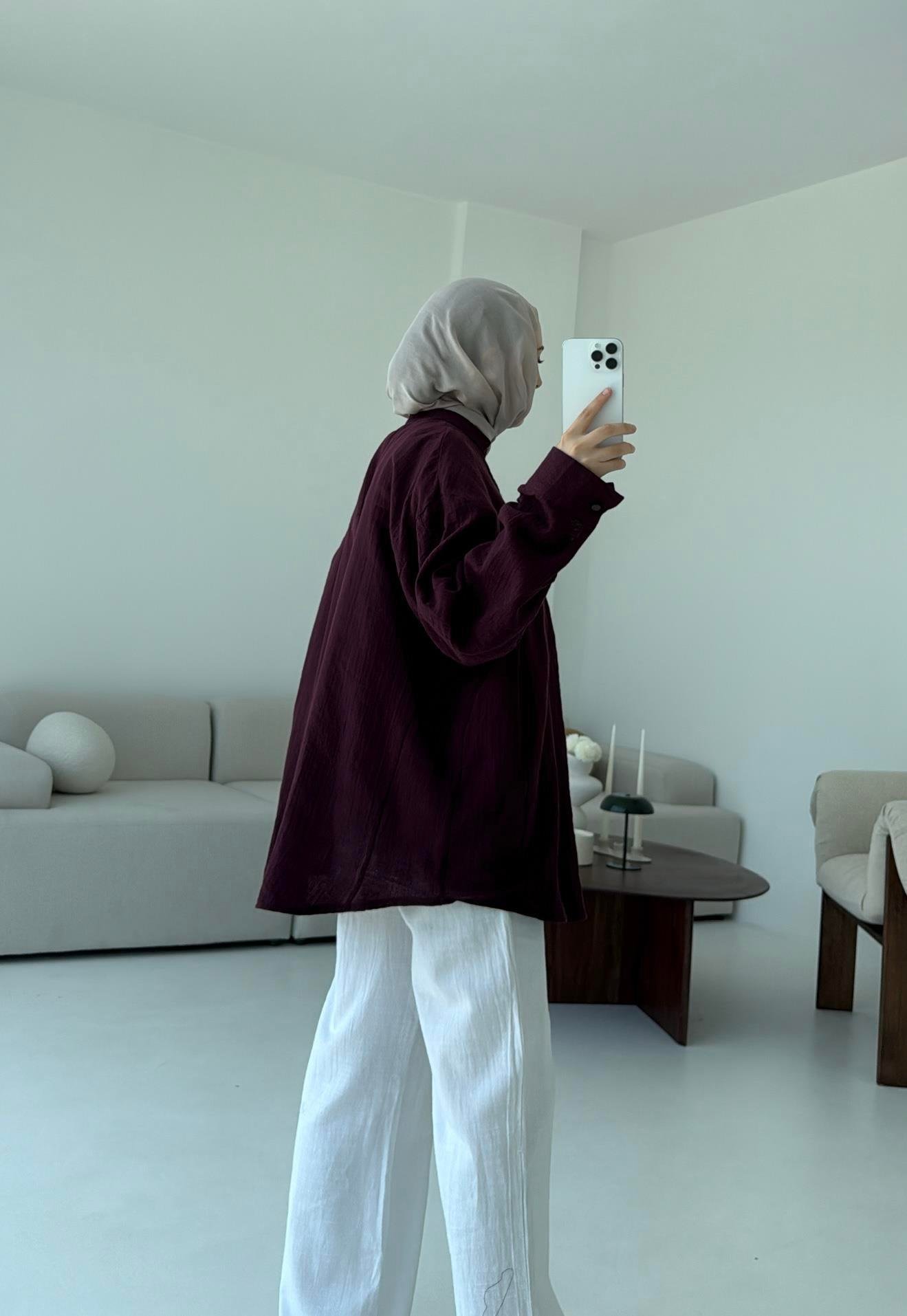 Müslin Düğmeli Gömlek Bordo