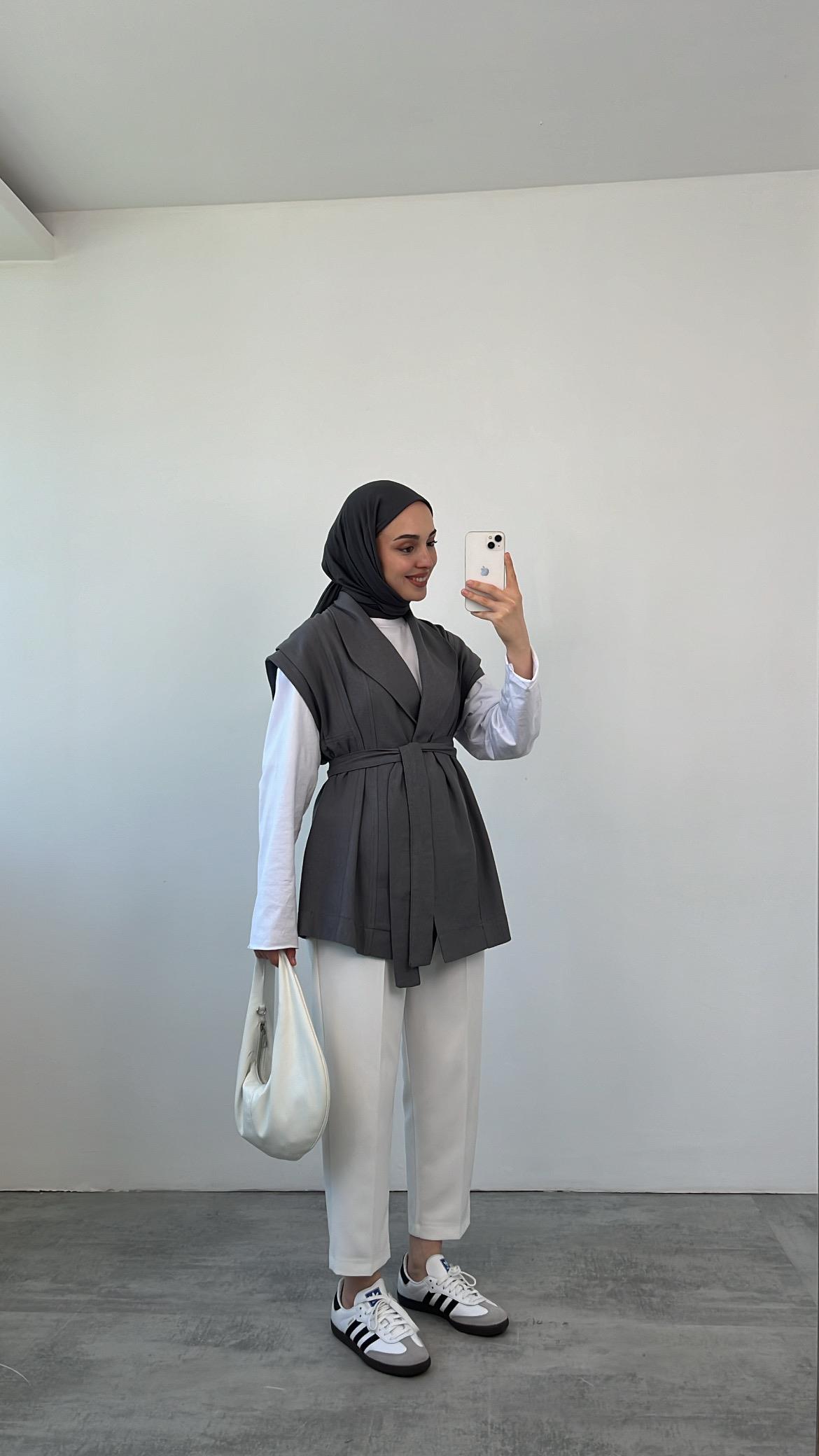 Bağlamalı Keten Yelek Gri