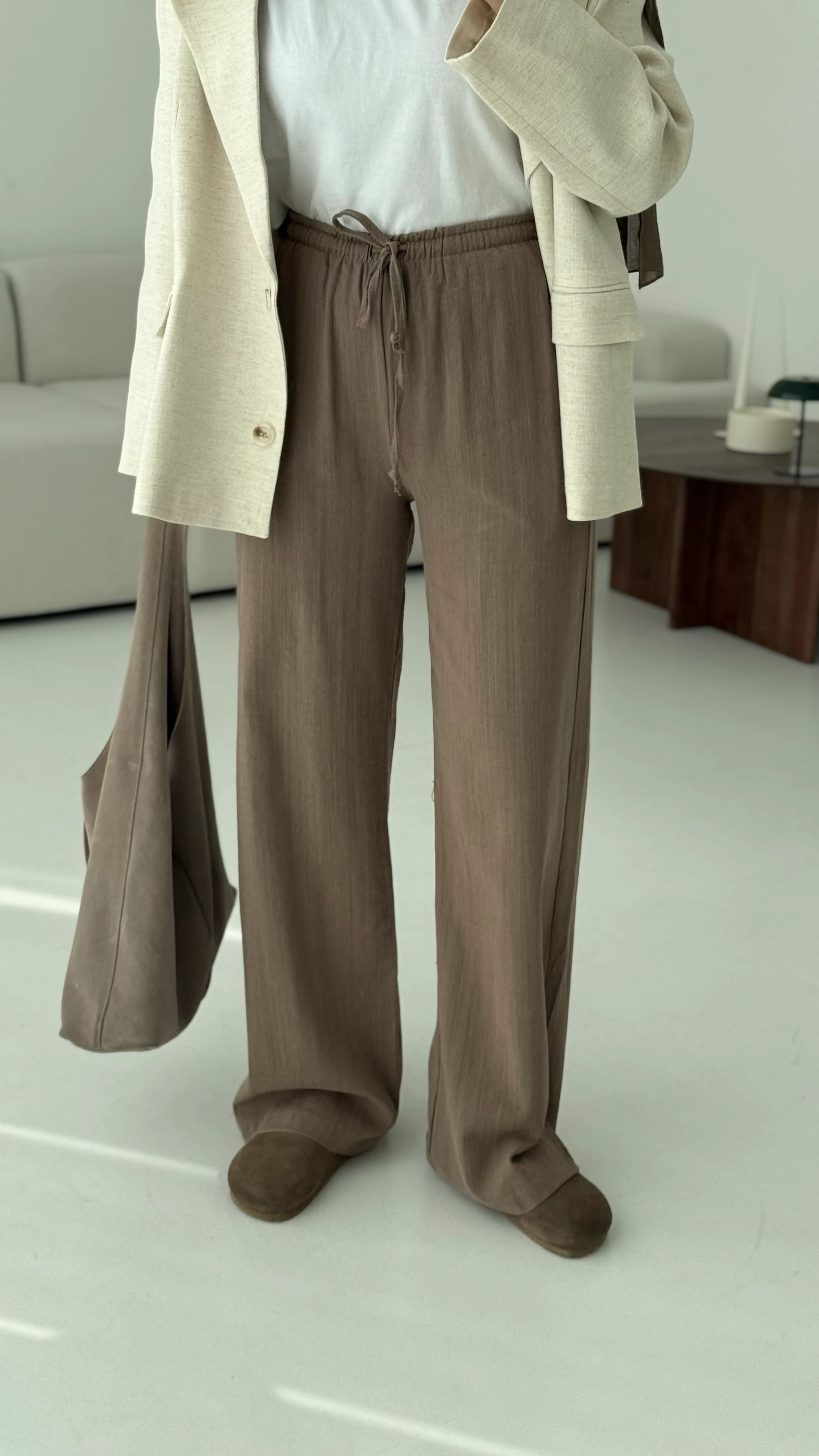 Tam Boy Keten Pantolon Kahve