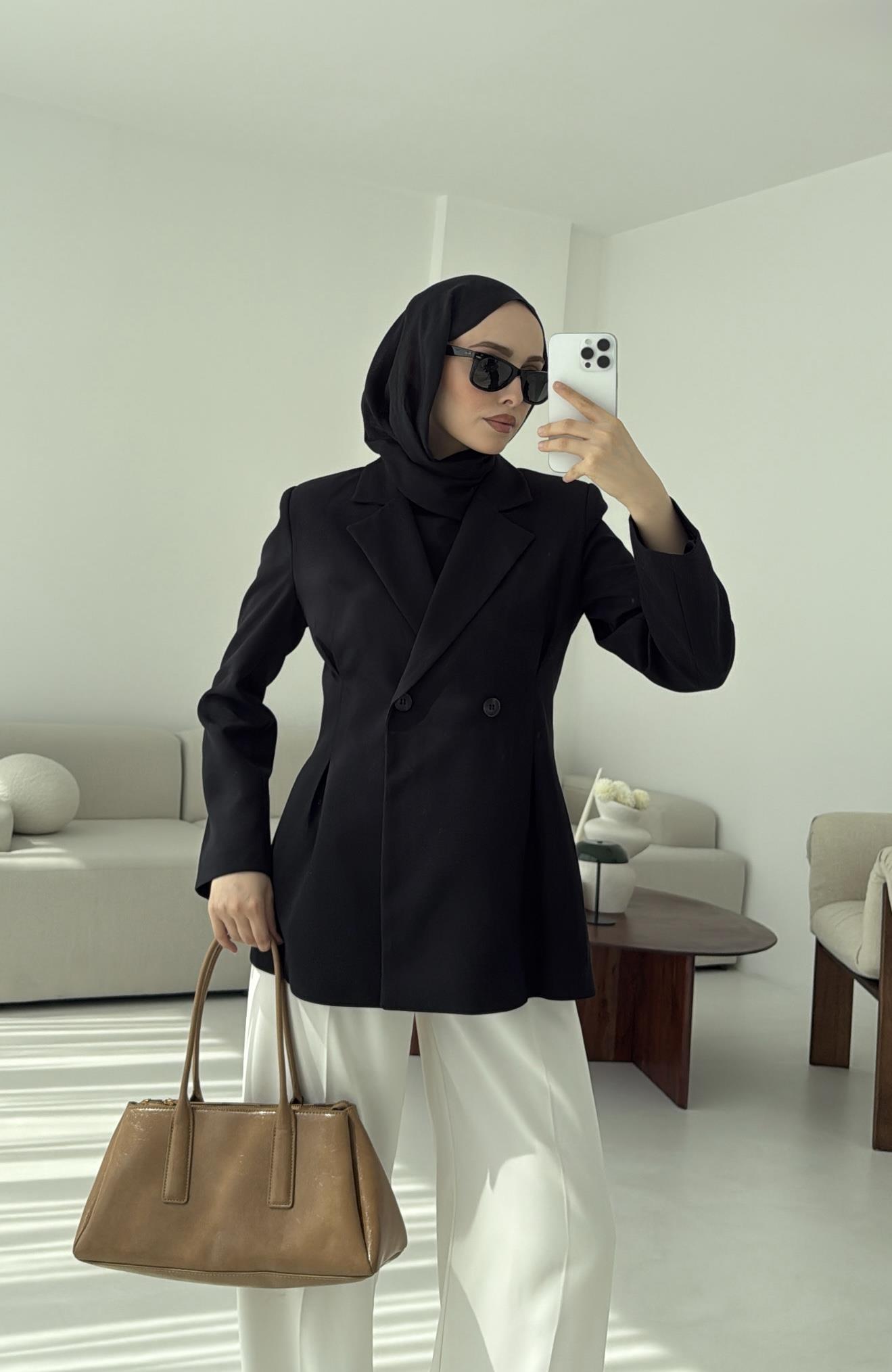 Pile Detay Blazer Ceket Siyah