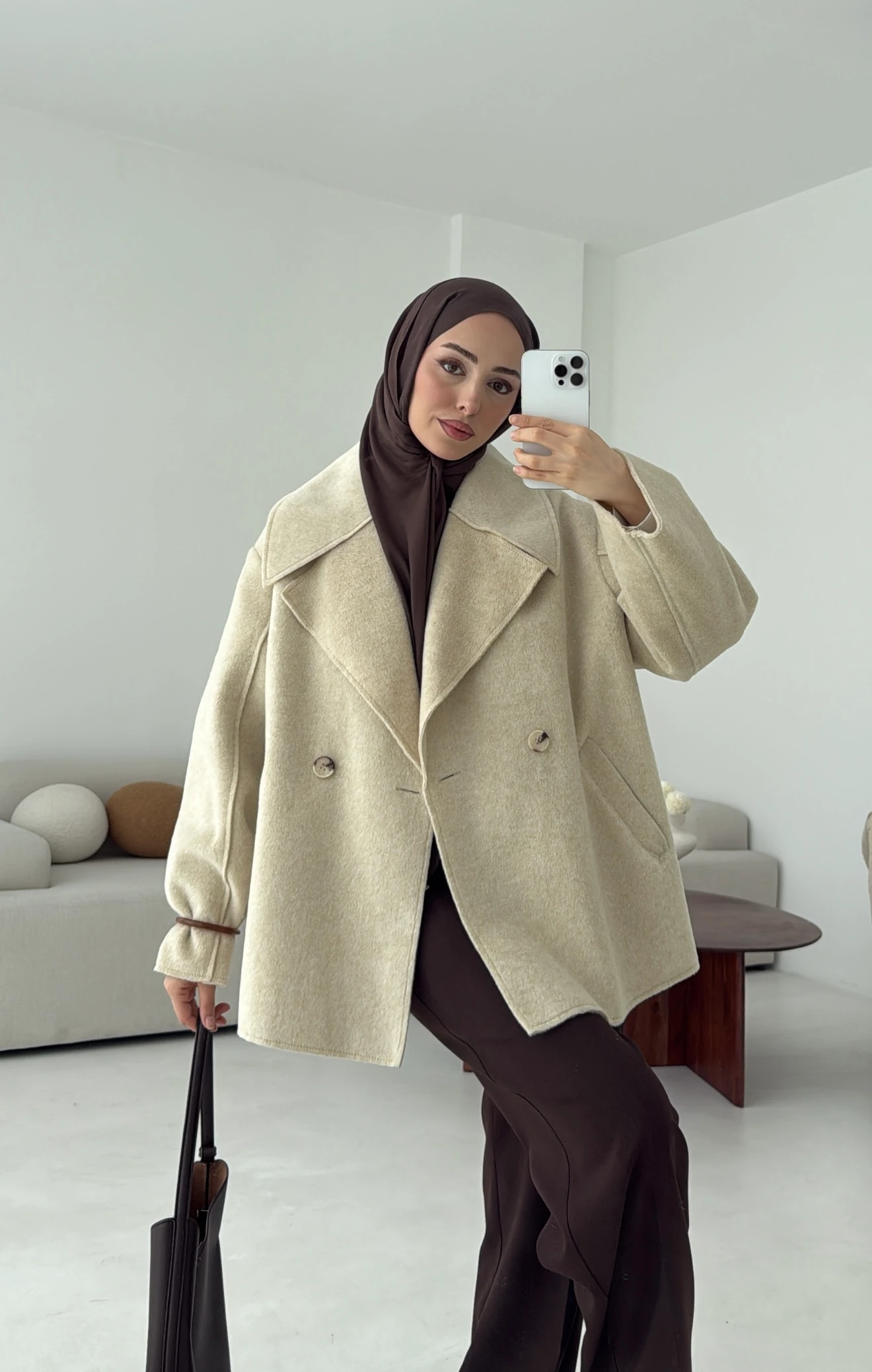 Yumuşak Şal Yaka Kaban Bej