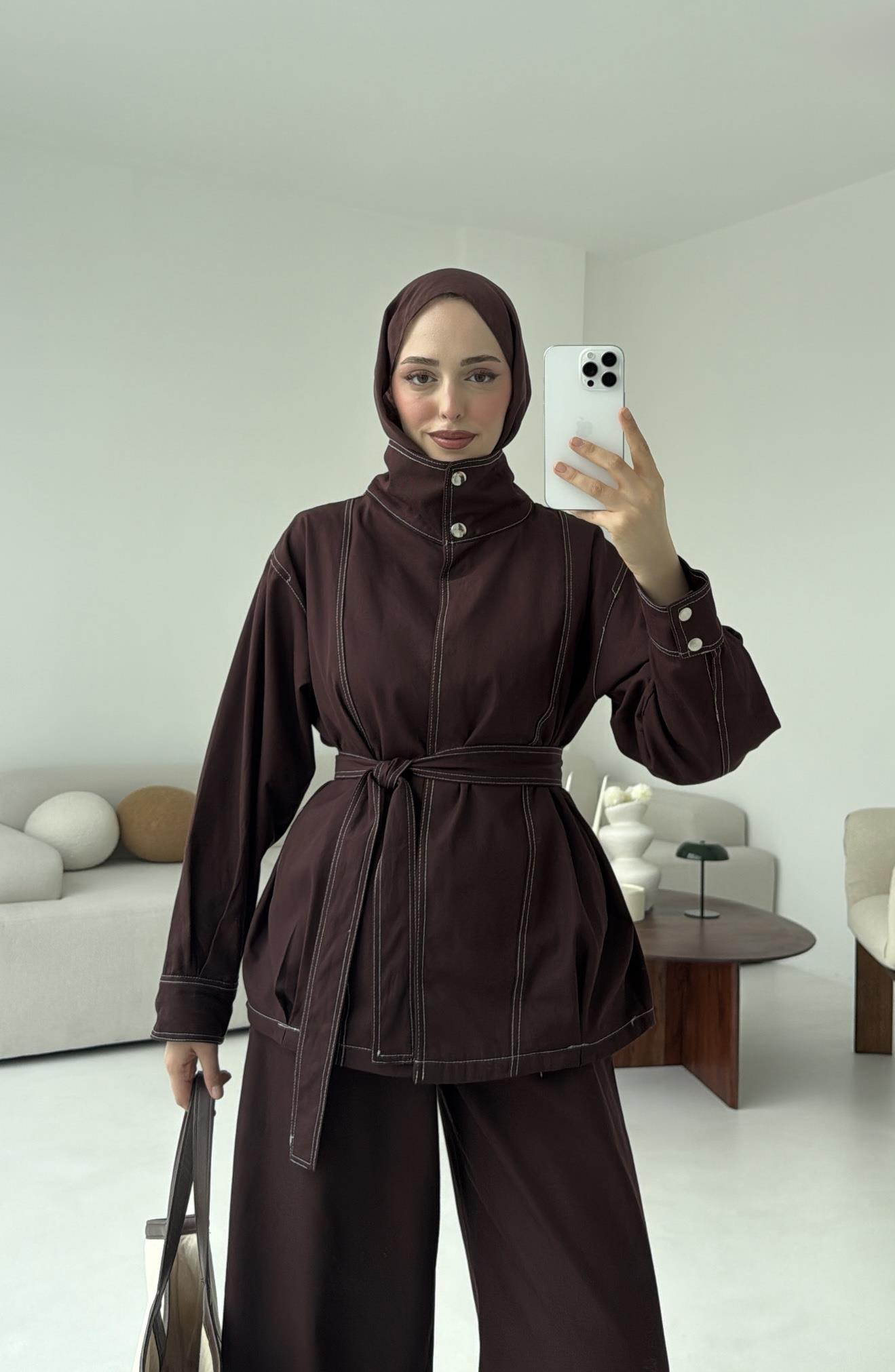 Kontrast Dikişli Gabardin Takım Kahve