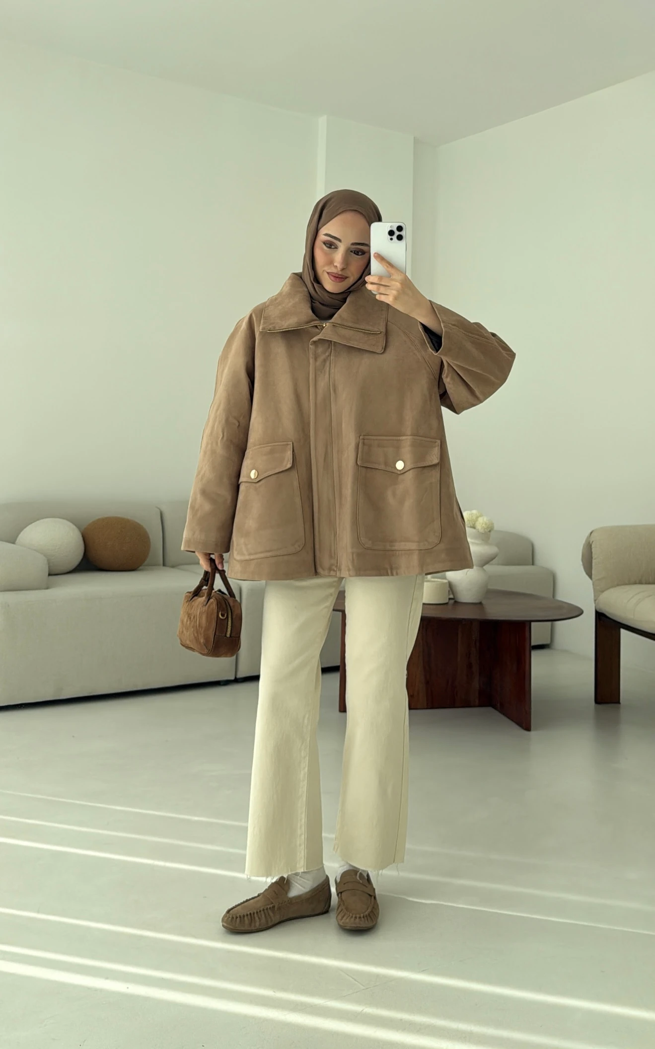 Oversize Dolgulu Süet Ceket Bej