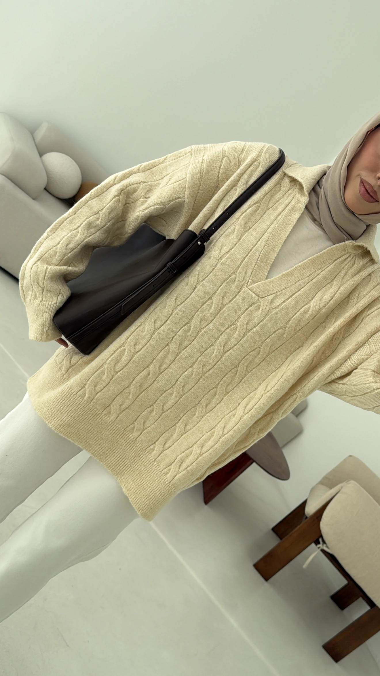 Polo Yaka Örgü Kazak Krem