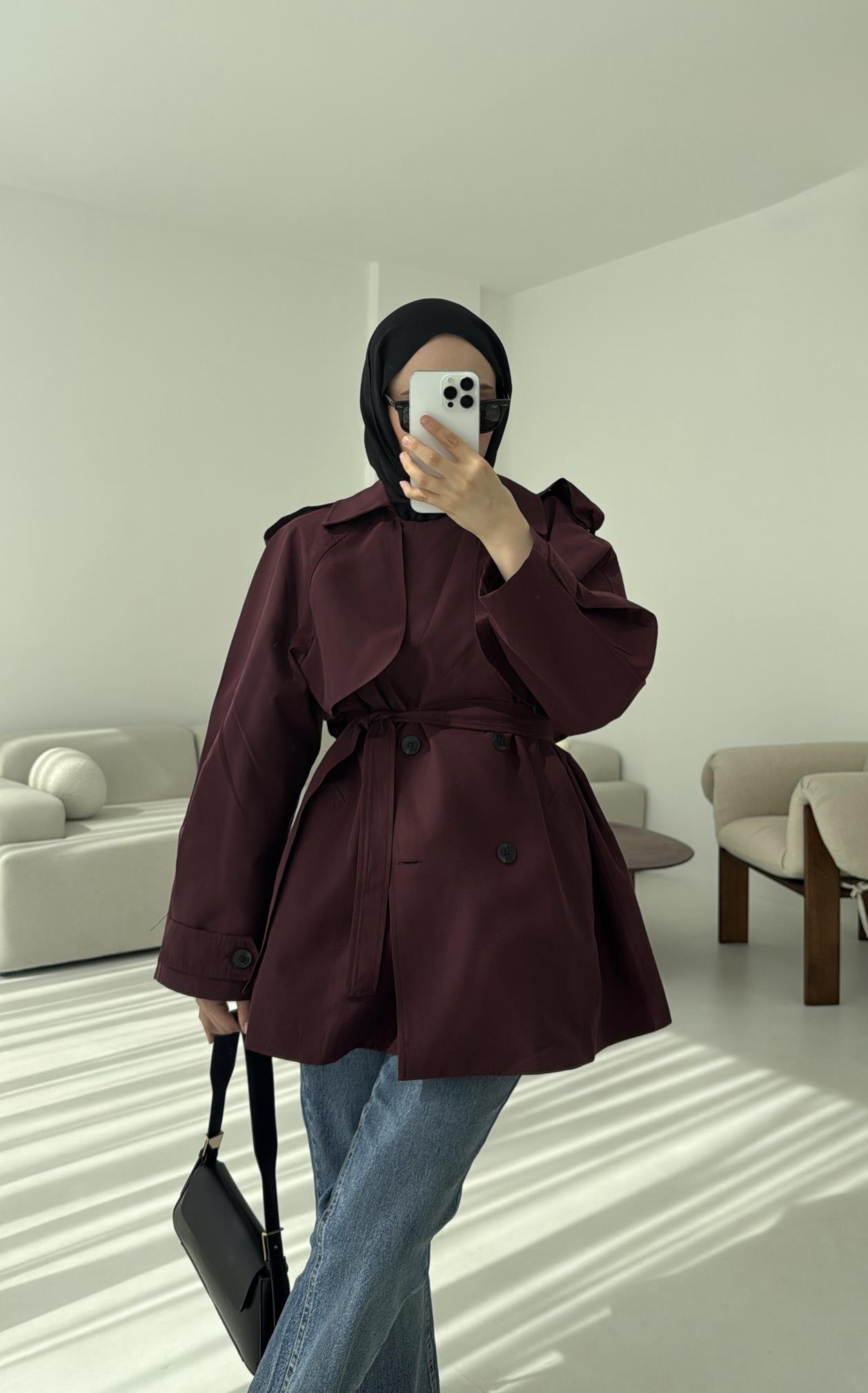 Allerli Kısa Trençkot Bordo