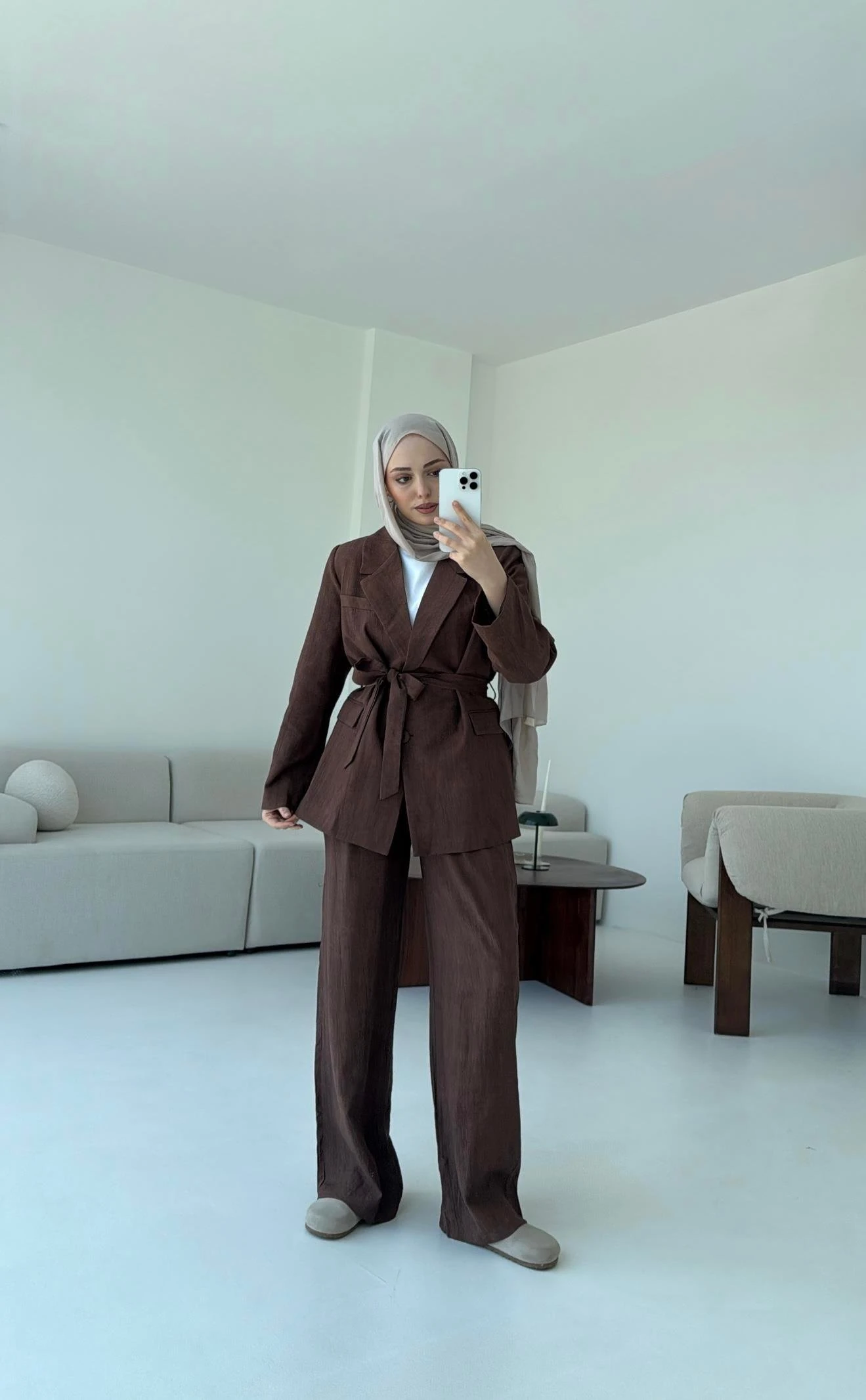 Kemerli Ceket Beli Lastikli Pantolon Takım  Kahve